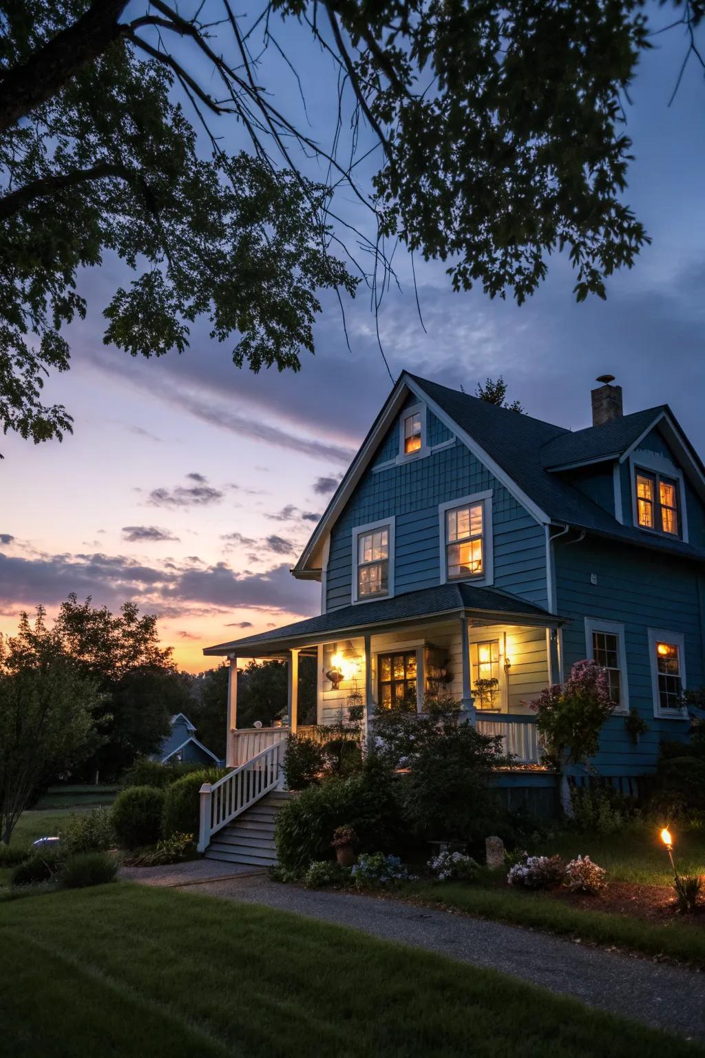 A mystical home with a dusk blue exterior, perfect for atmospheric charm.