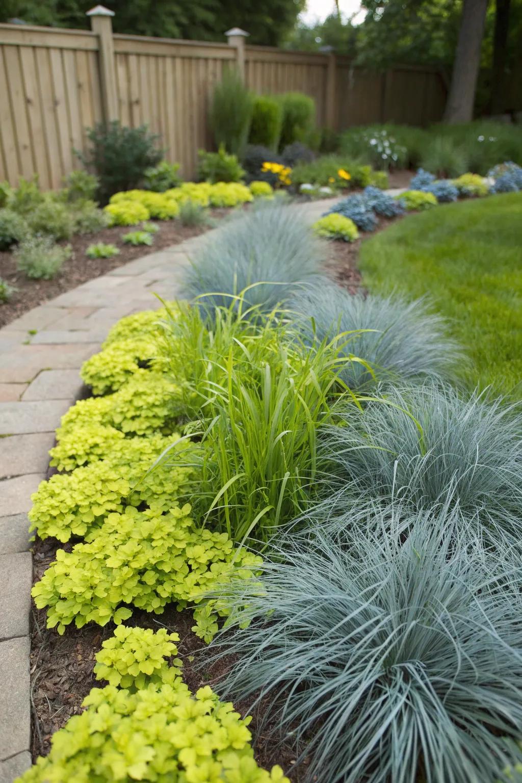 Playful pairings of blue fescue and creeping Jenny in this delightful garden.