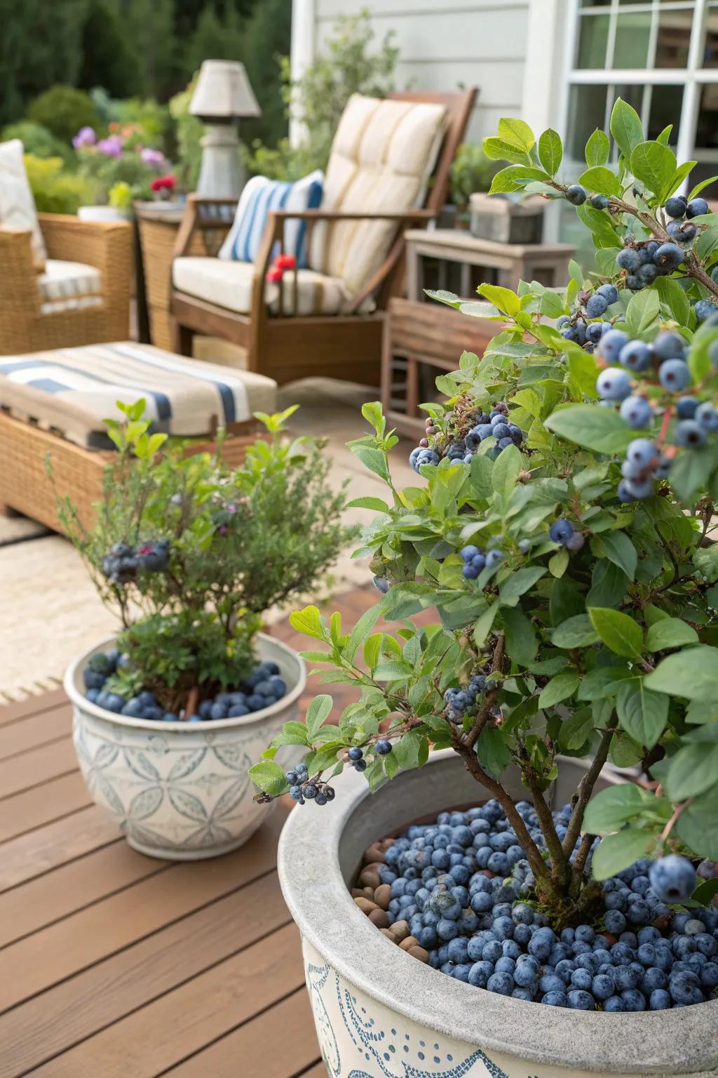 Patio planters brimming with fresh blueberries.