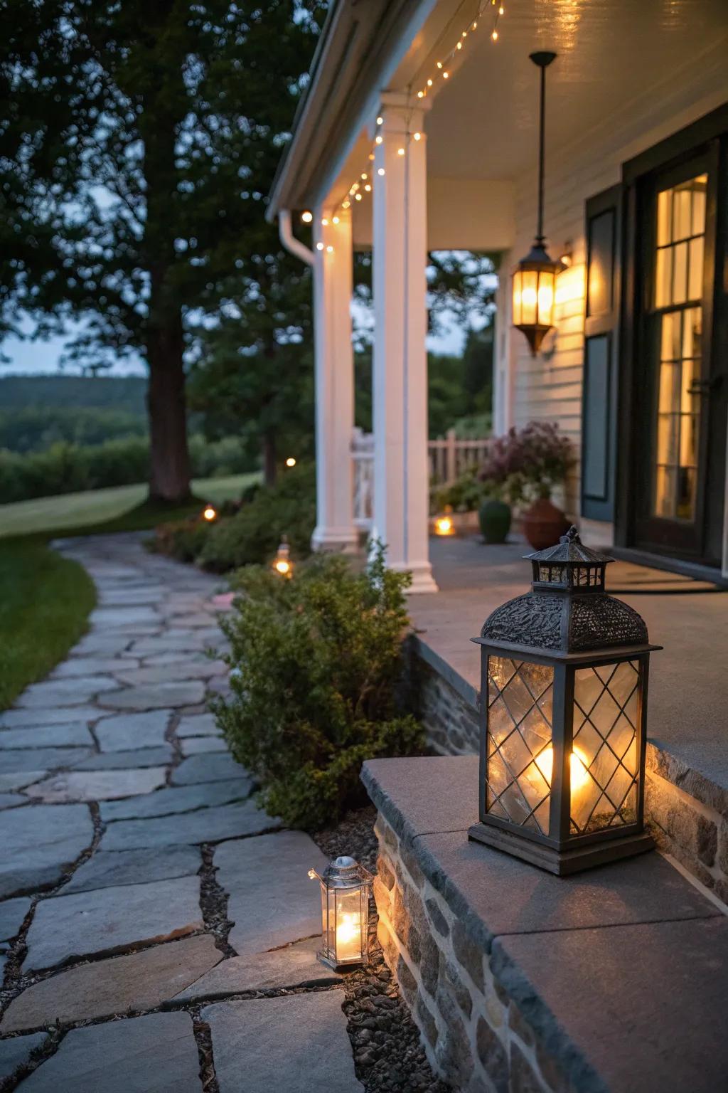 A bluestone porch beautifully lit by lanterns.