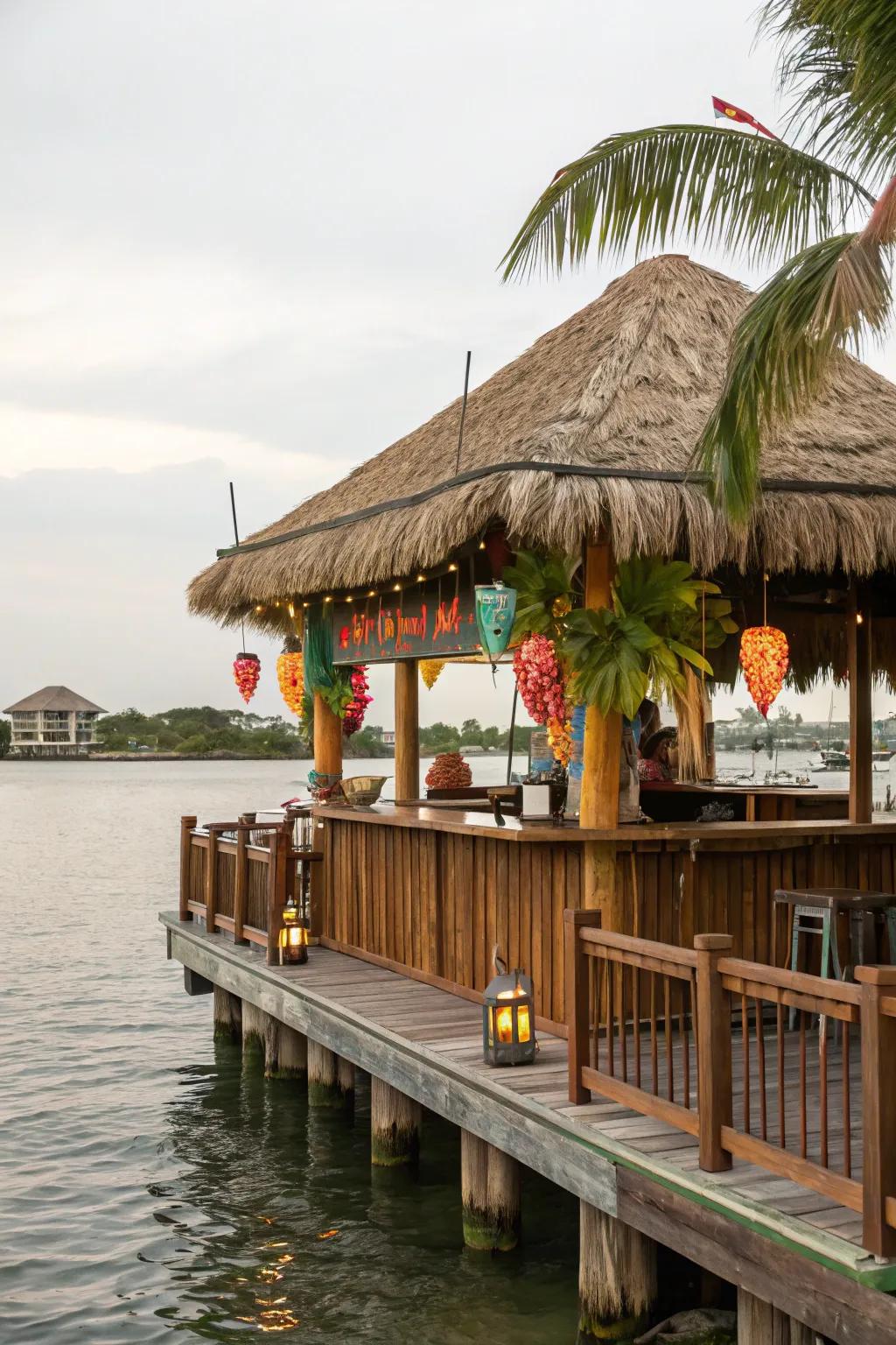 A tiki bar adds tropical flair to this dockside retreat.
