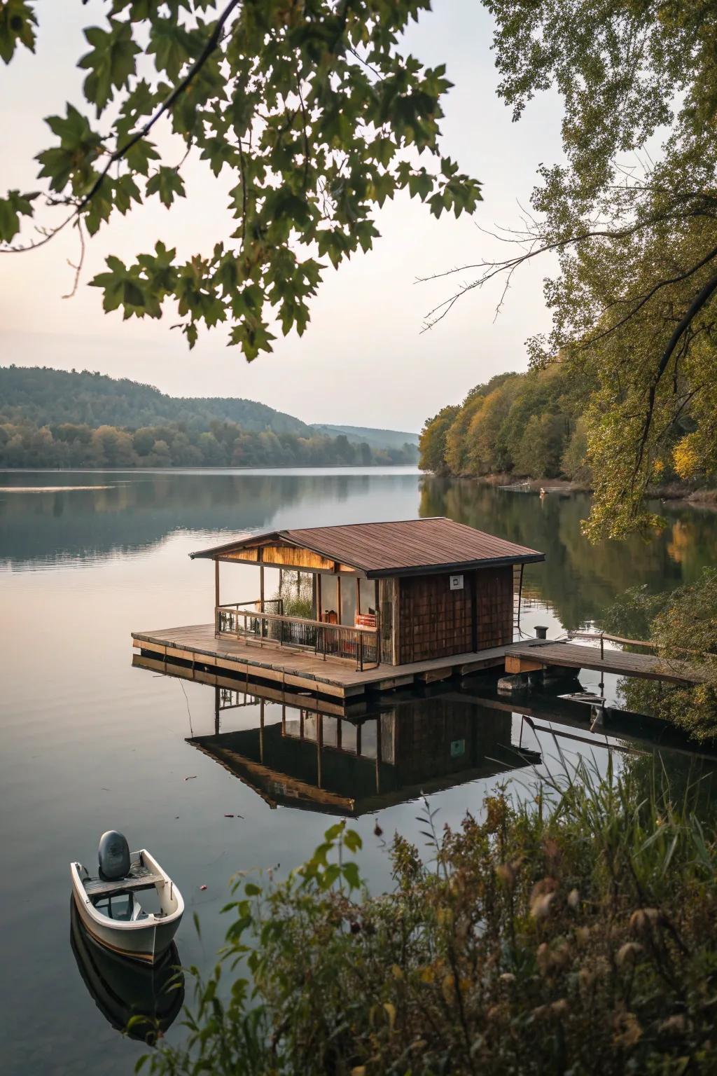 A unique floating platform design for a boat house.