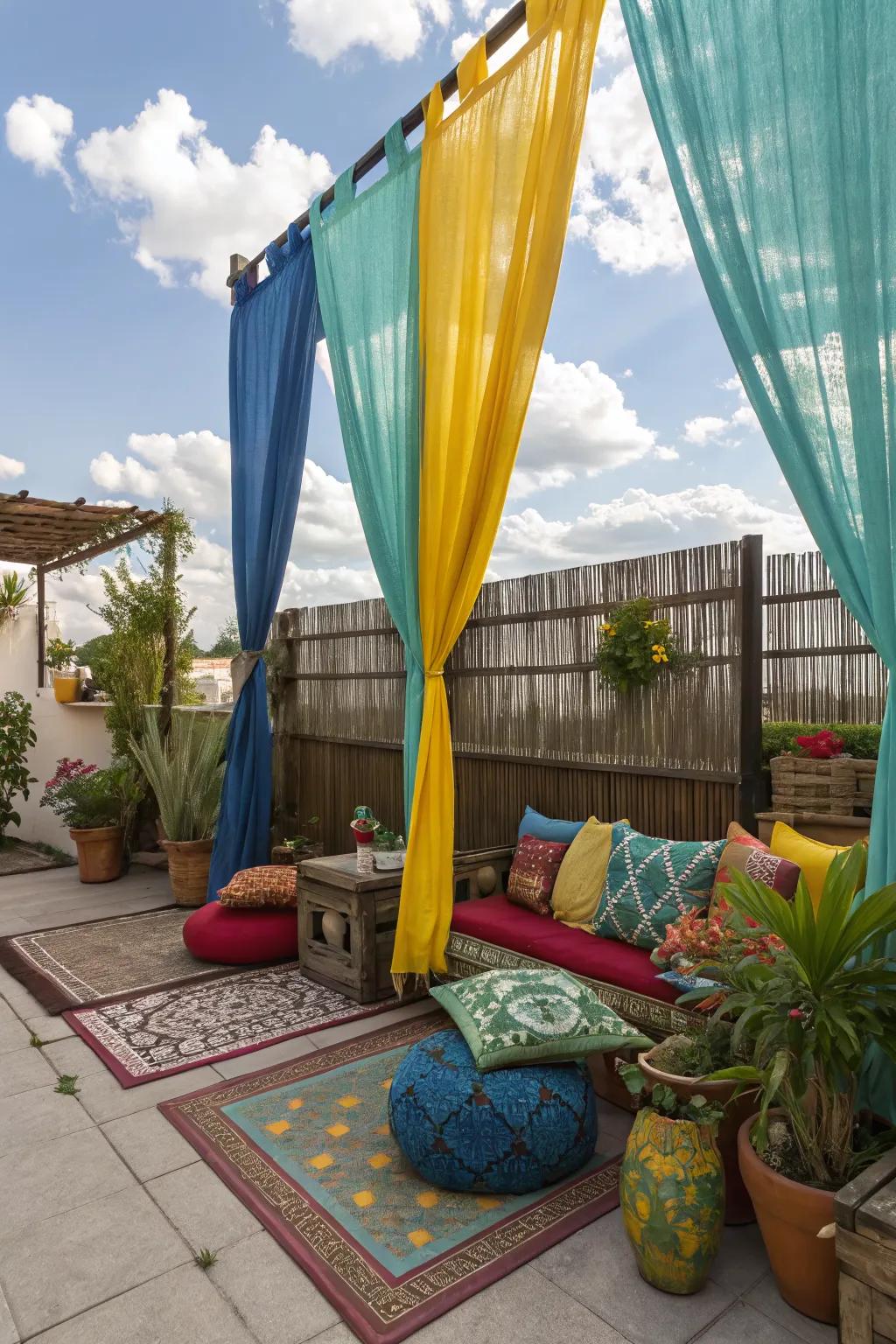Colorful curtains add privacy and a dynamic element to your patio.