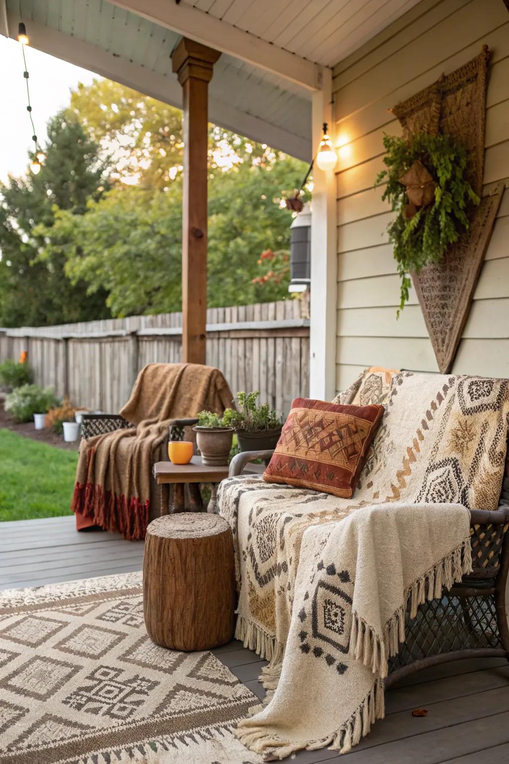 Textured throws create a cozy feel on your bohemian porch.