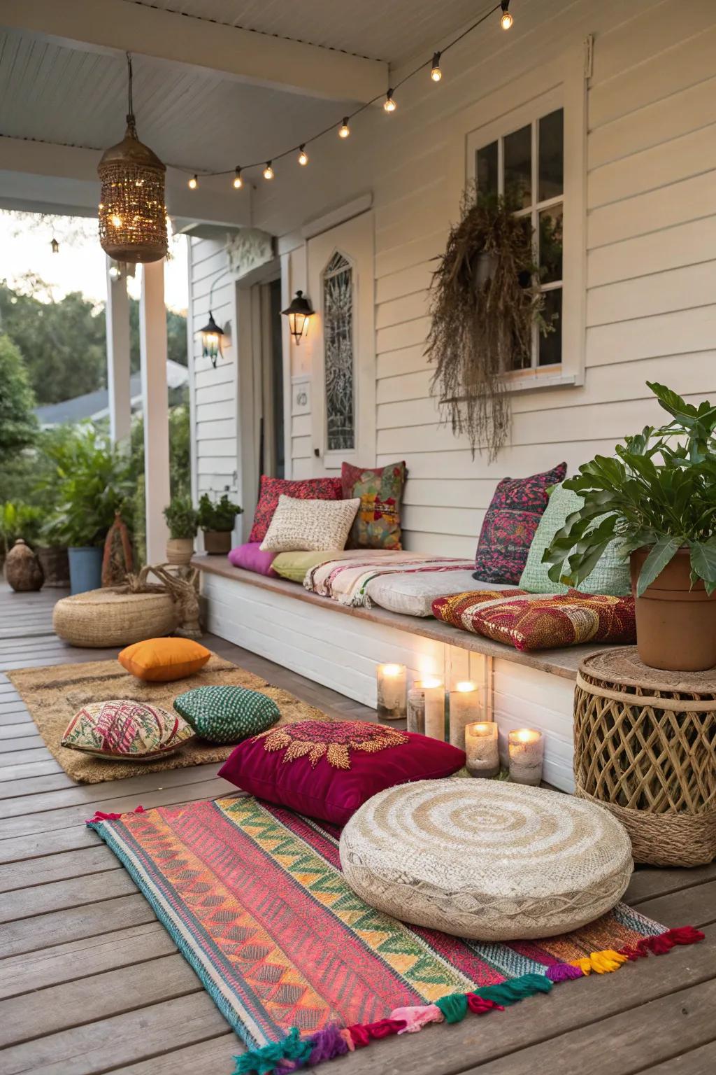 Comfortable floor cushions adding a playful touch to a Boho porch.