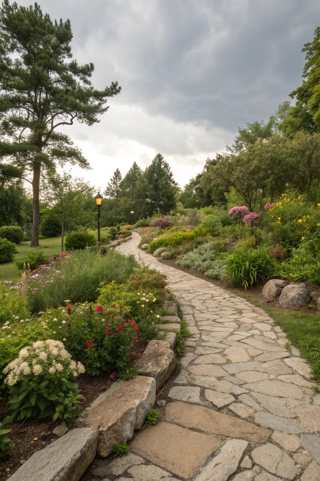 Rustic stone edging enhances the garden's natural appeal.