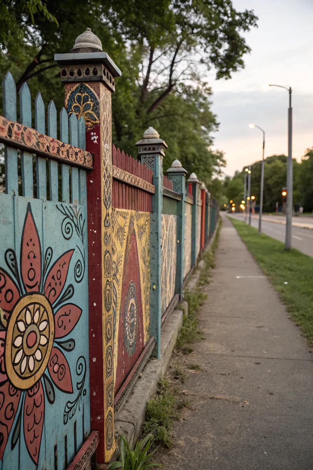 A personalized fence with stenciled patterns and quotes.