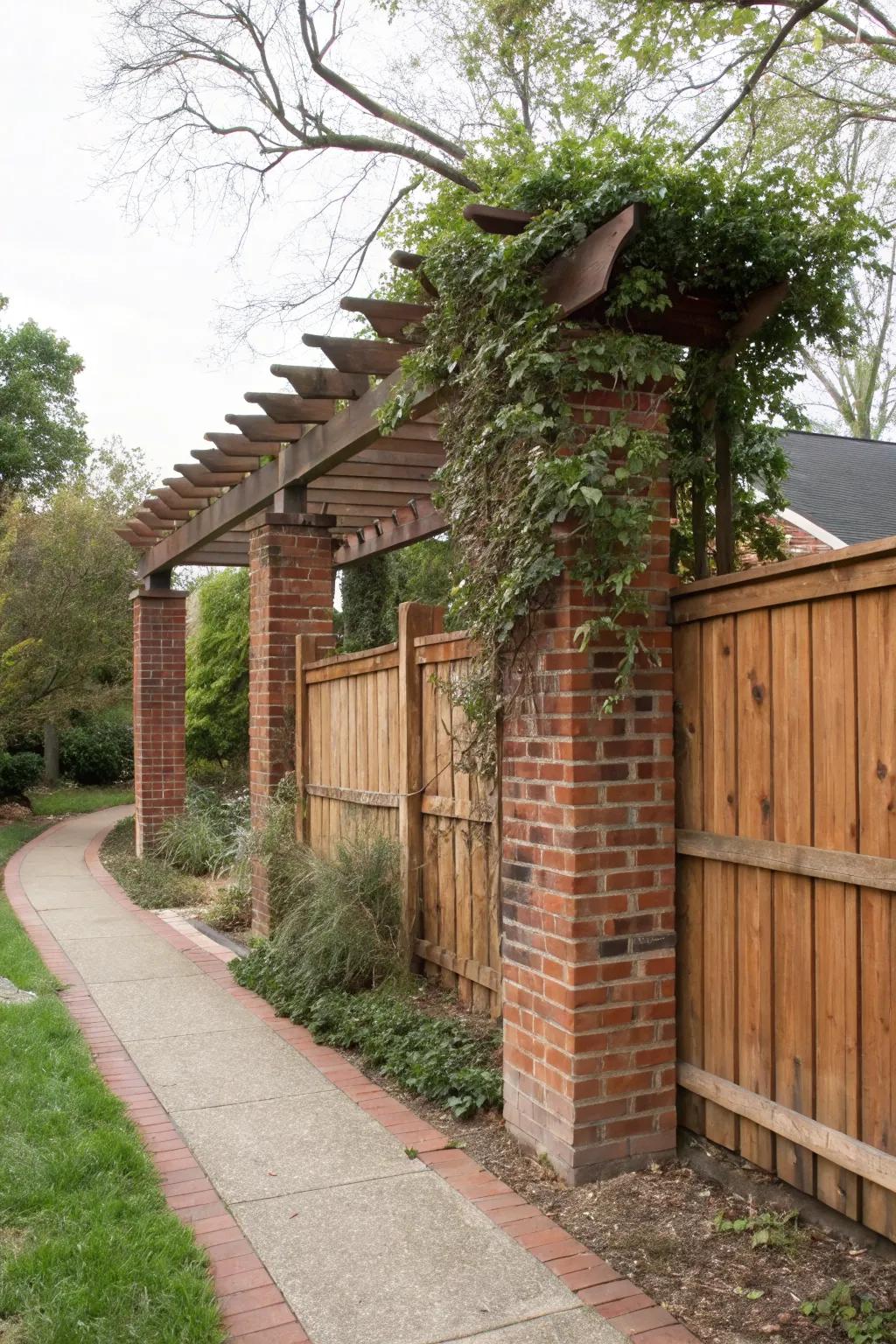 An integrated pergola with a brick and wood fence for outdoor living