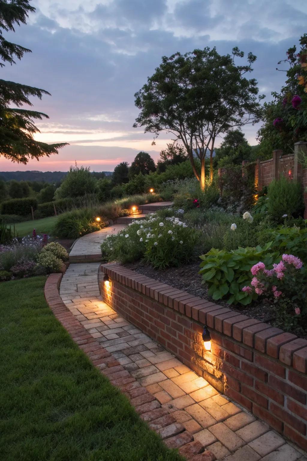Brick borders with lighting illuminate garden paths.