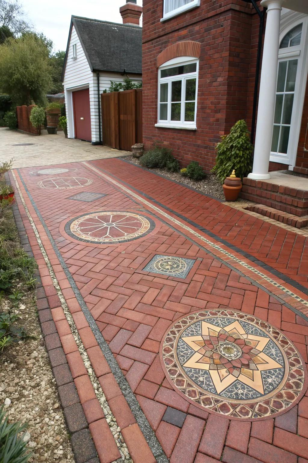 Artistic mosaic embedded within a brick driveway.