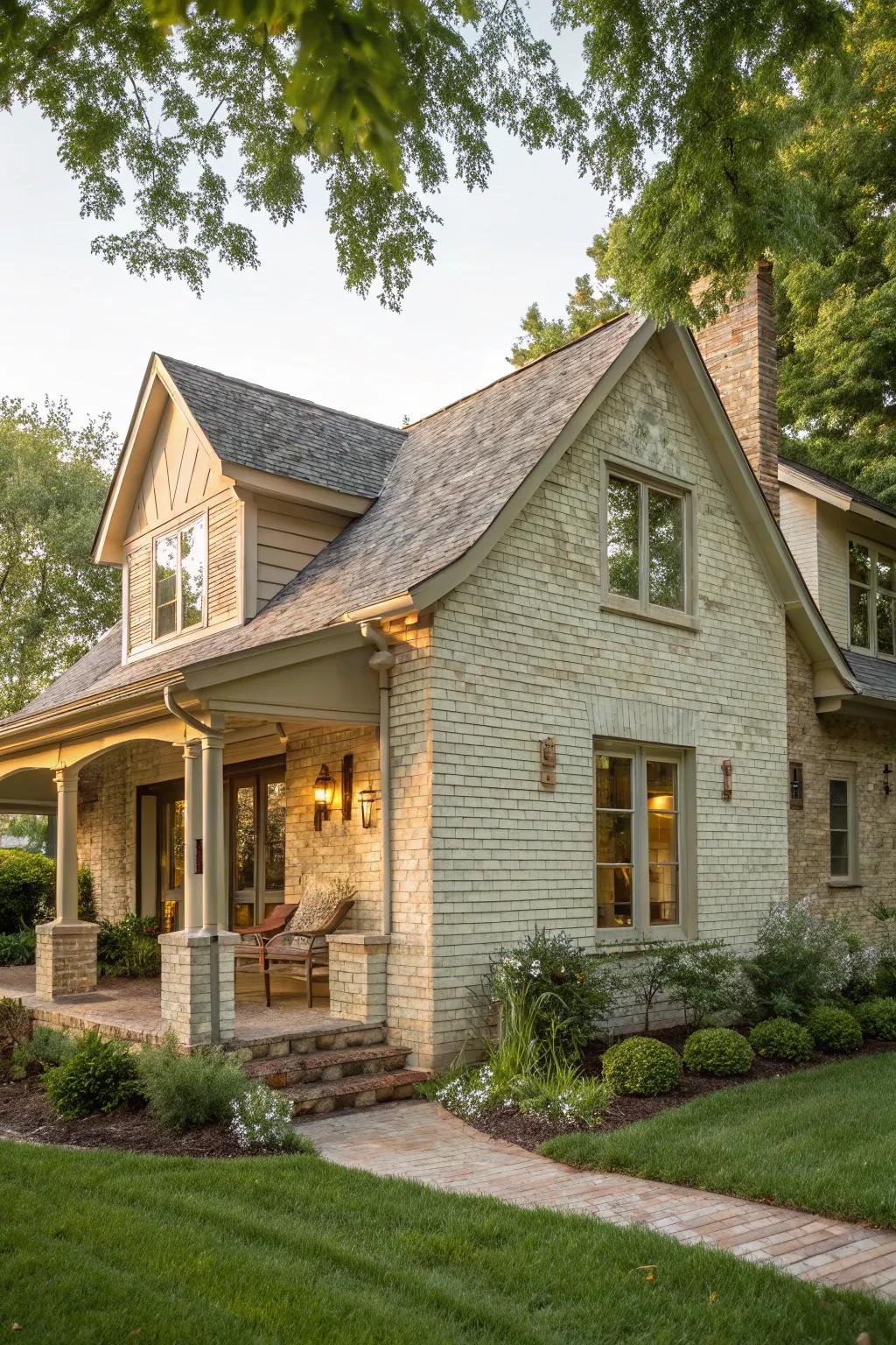 A cottage-style home with light-colored brick exudes coziness.