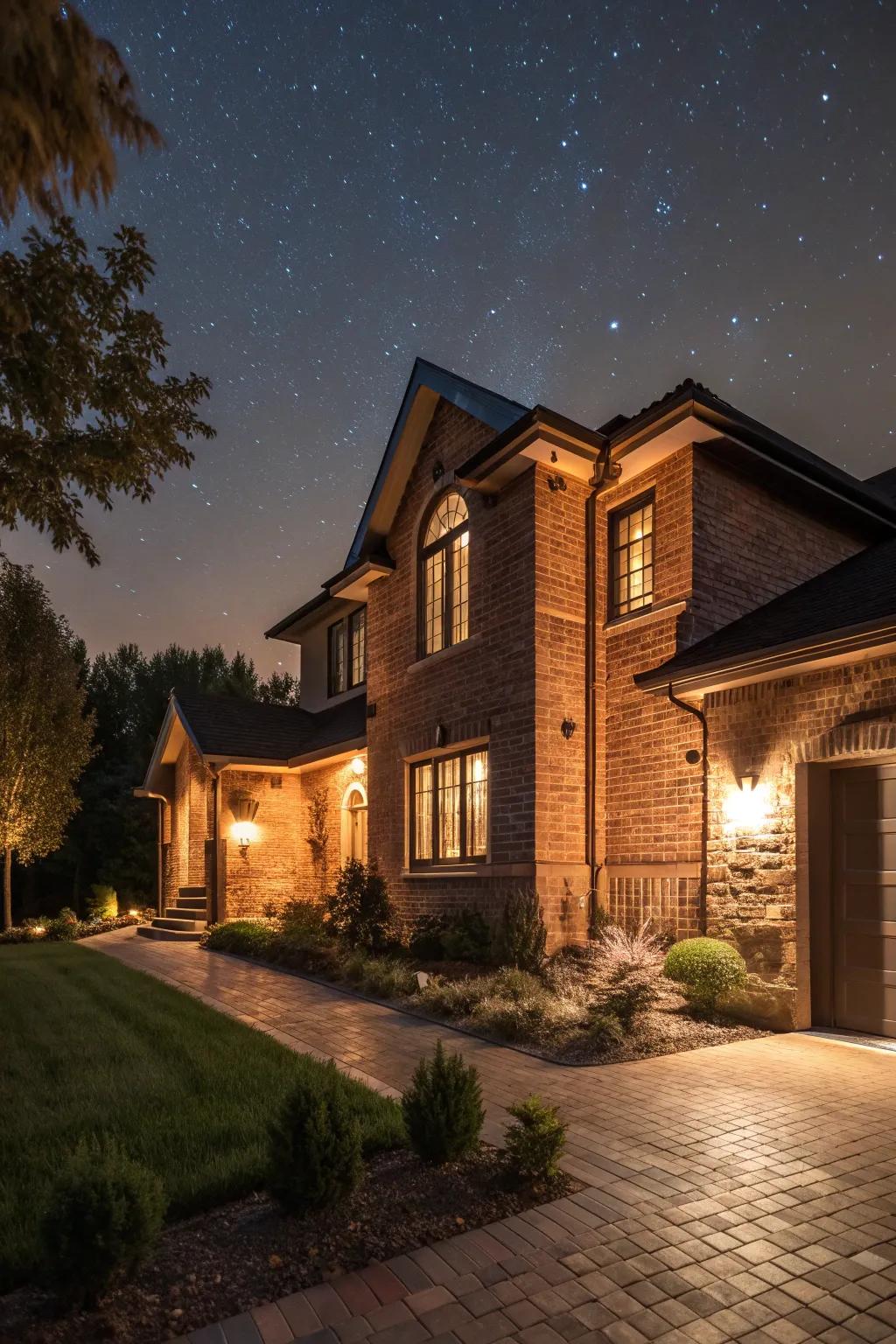 Lighting enhances the beauty of brick exteriors after dark.