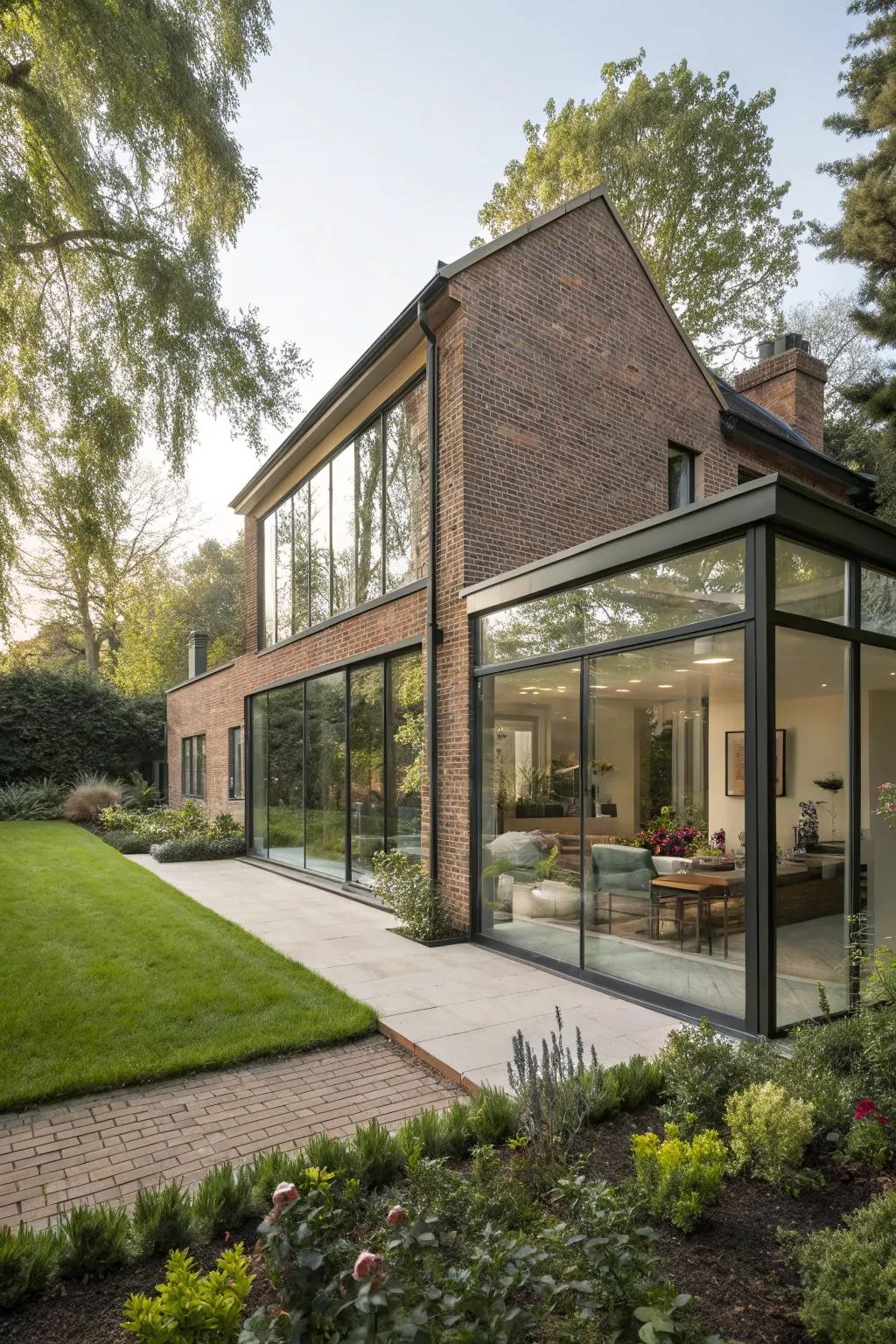 Glass elements bring light and modernity to brick homes.