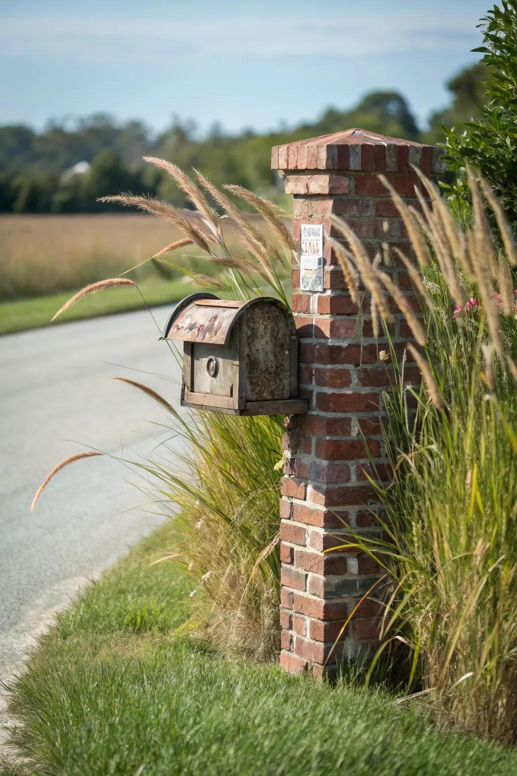 Ornamental grasses add height and movement to this mailbox area.