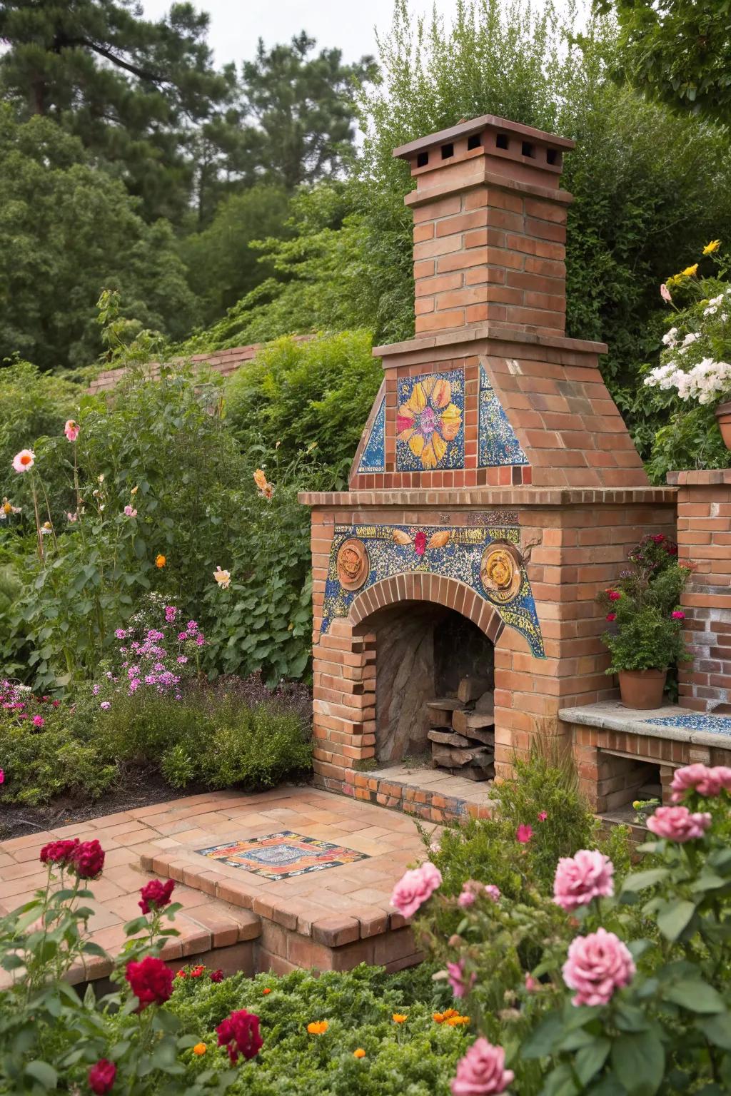 Mosaic tile accents add artistic flair to a brick fireplace.