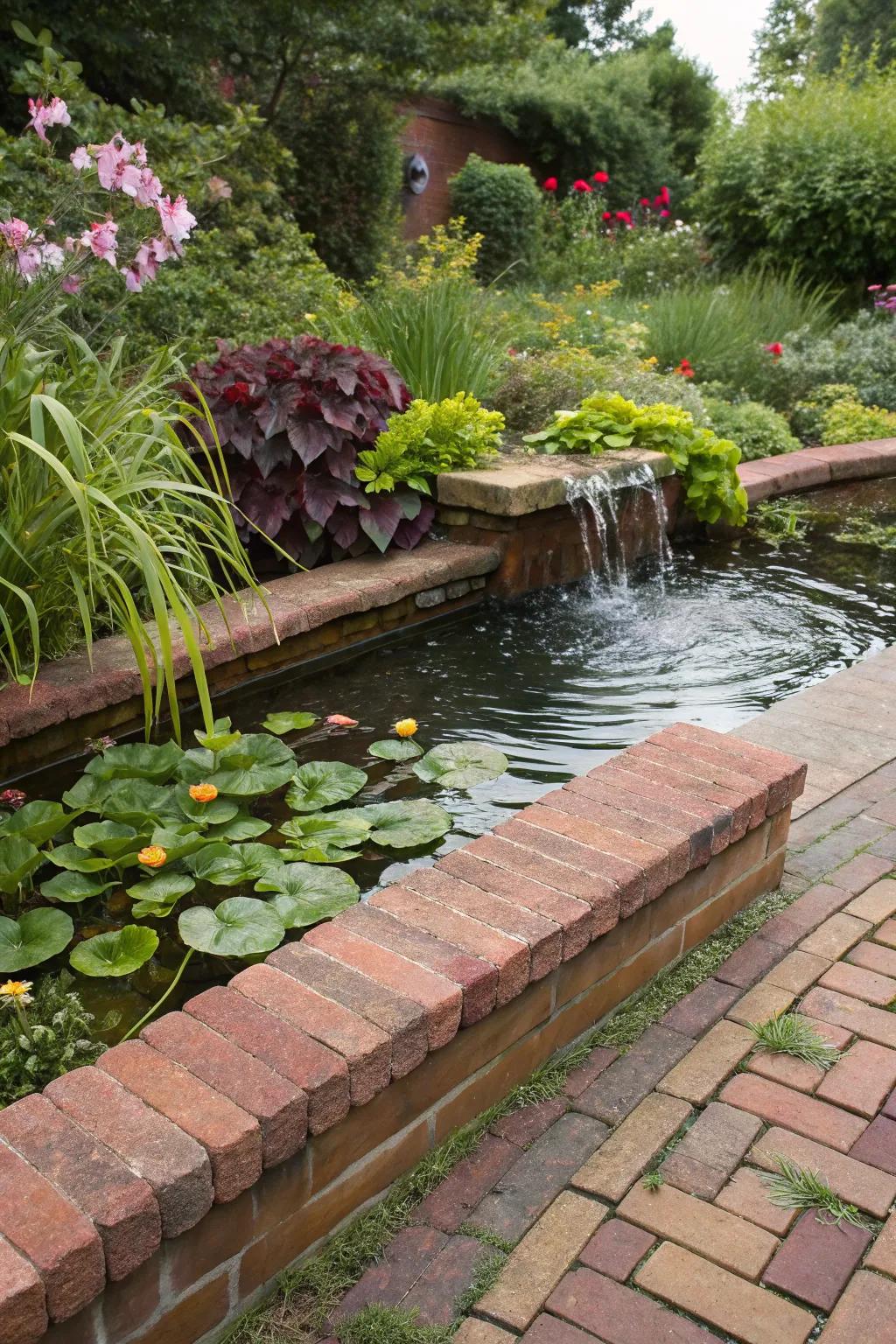Classy water features with brick paver borders.