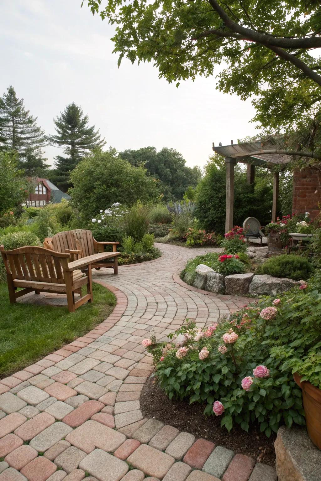 A relaxed garden area showcasing an irregular brick paver pattern.