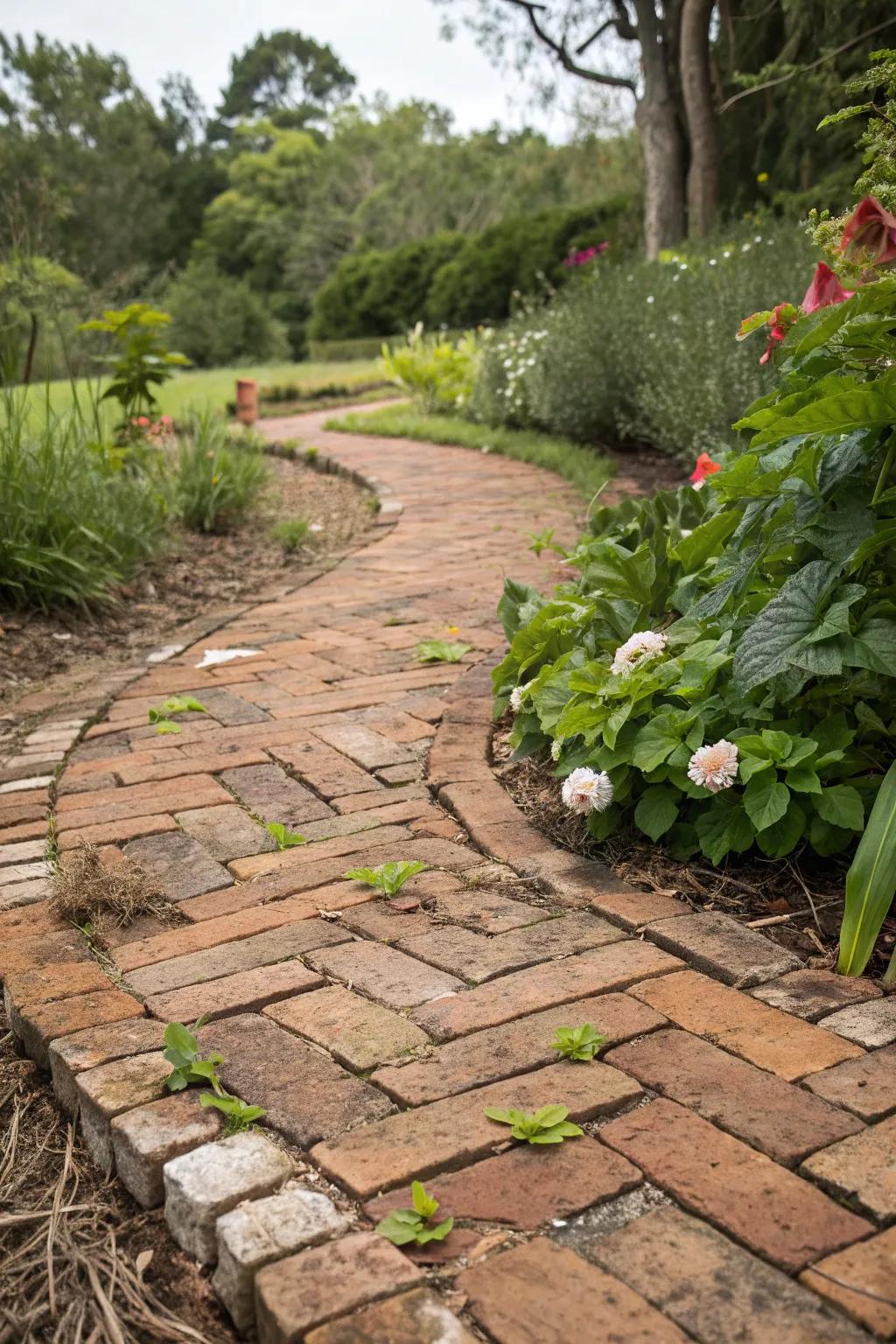 Recycled bricks for a sustainable and charming garden path.
