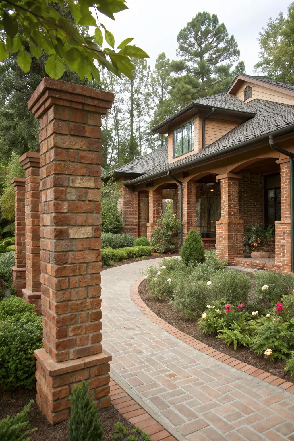 Brick pillars harmoniously blending with the home's color palette.
