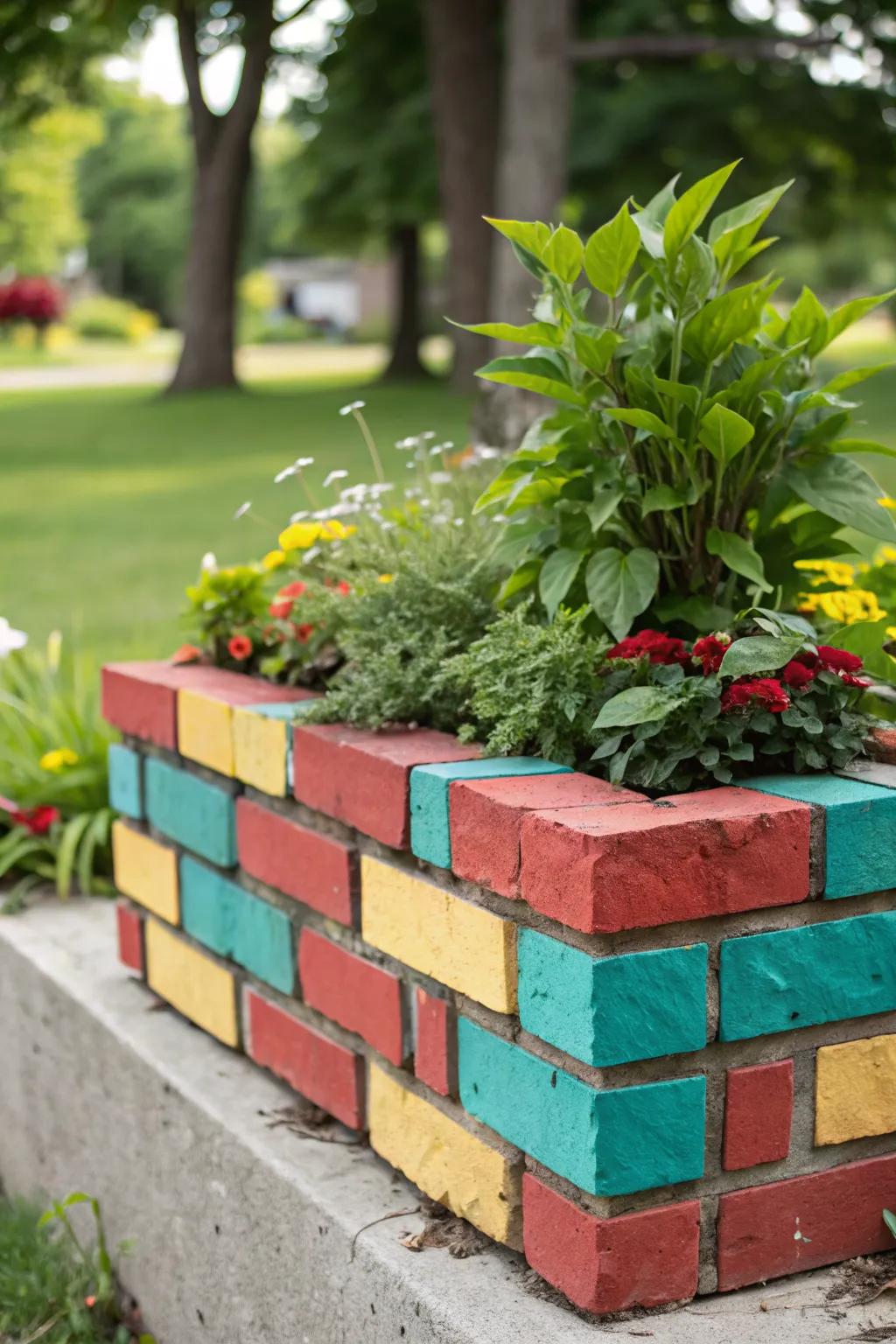 A vibrant display with painted brick planters.