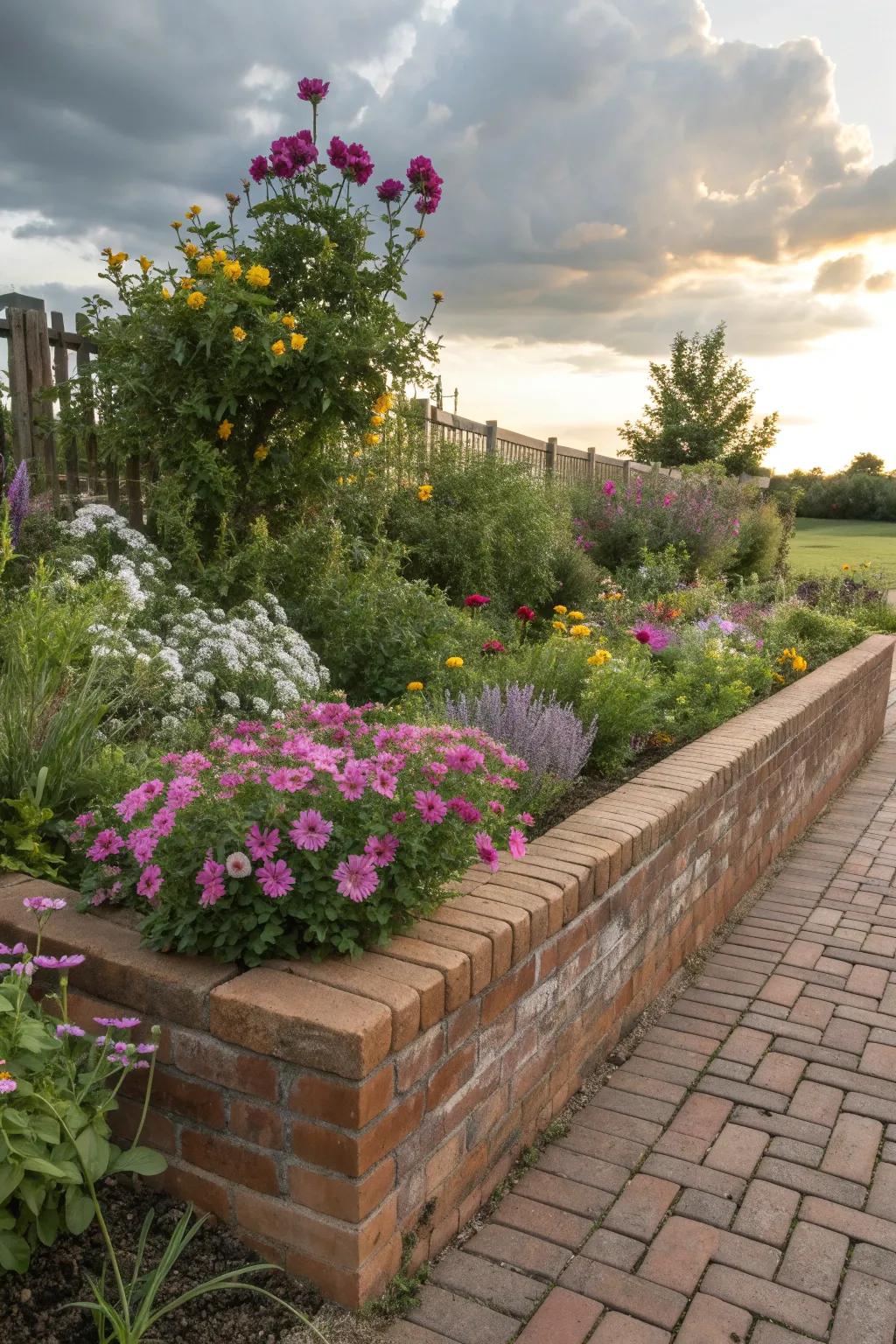 Brick borders defining a raised garden bed with colorful blooms.
