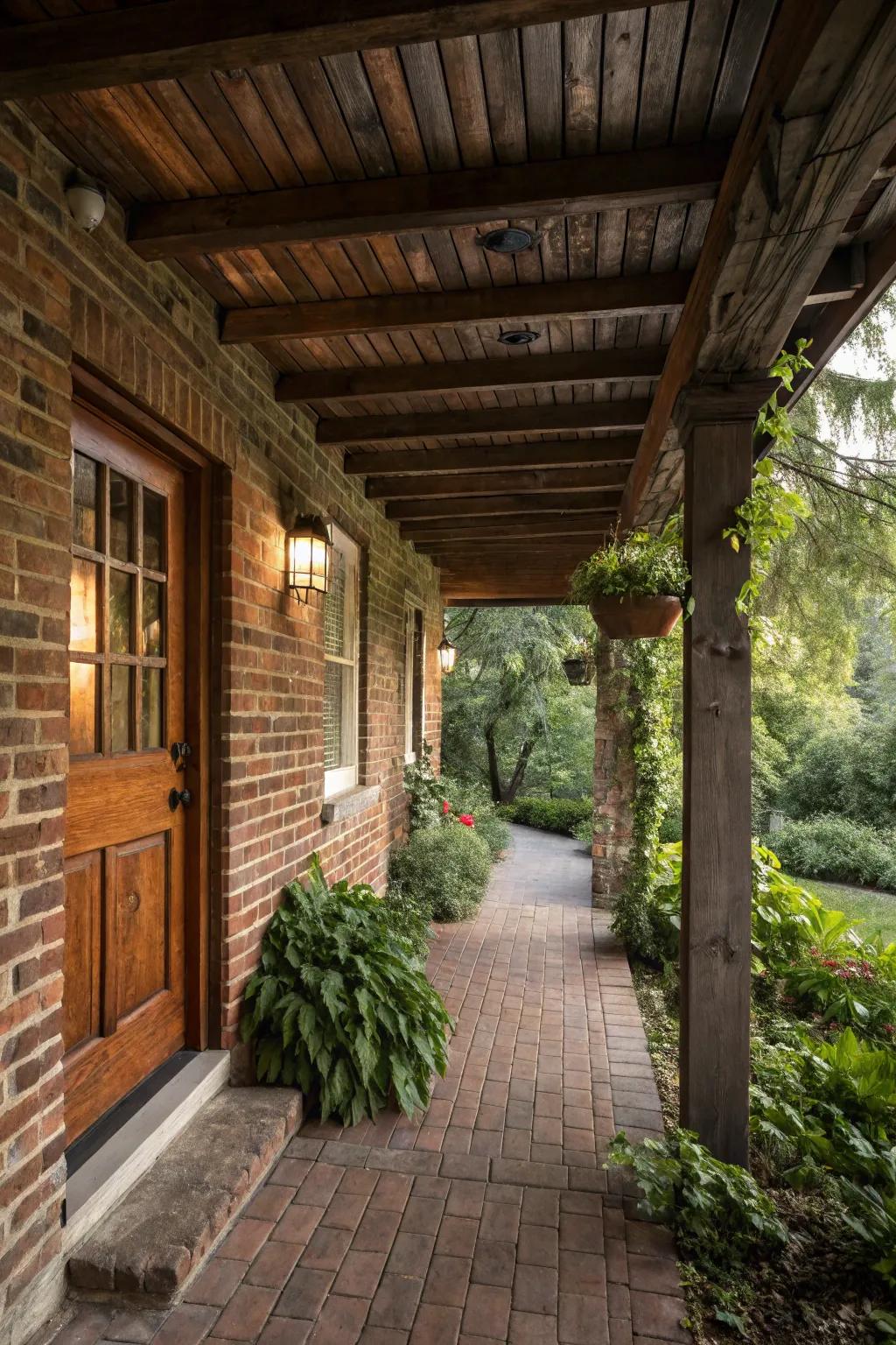 Charming exposed beams on a porch ceiling.