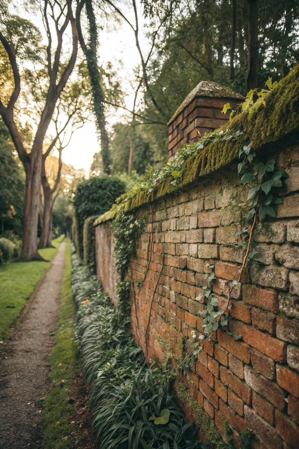 Reclaimed bricks add rustic charm to a garden wall.