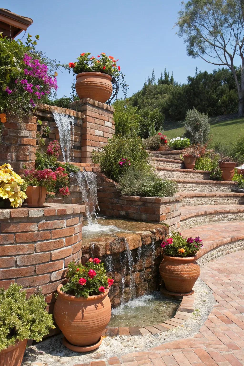Bring a Mediterranean flair to your garden with a brick waterfall.