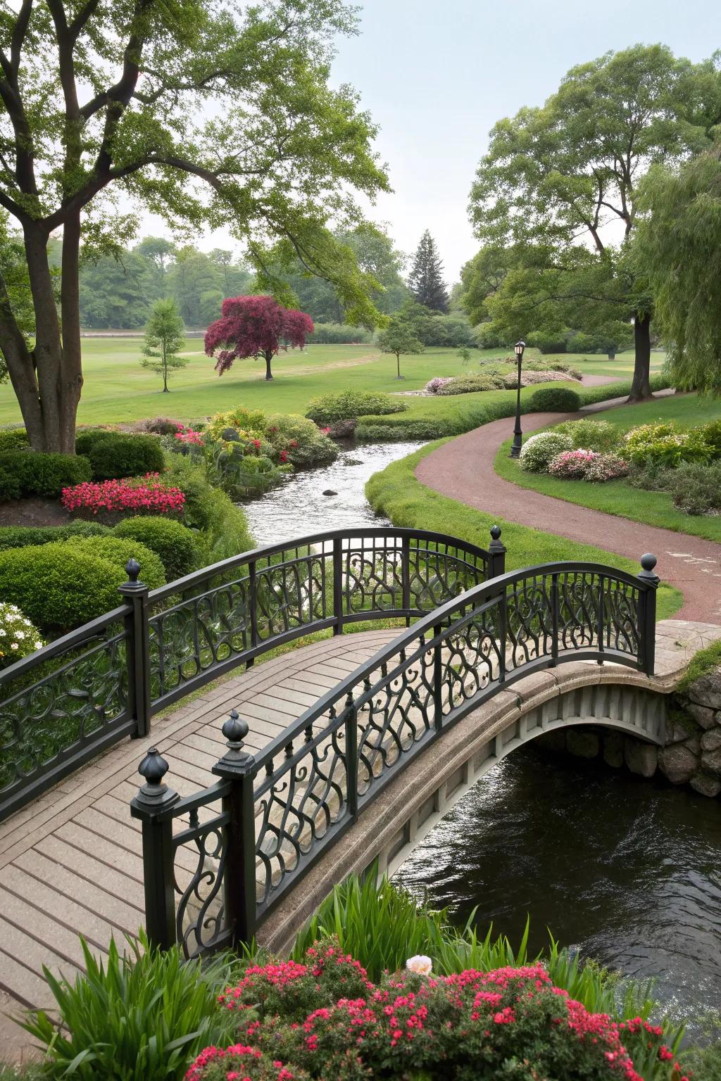 Curved railings bring an elegant flow to this garden bridge.