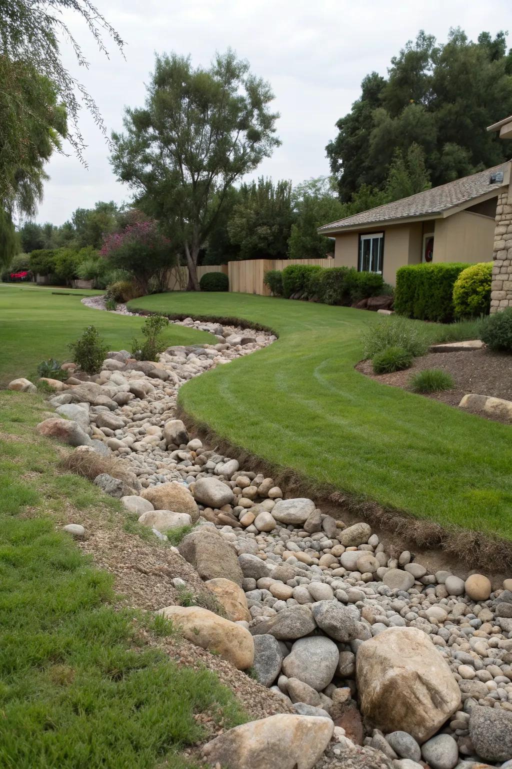 A dry river bed adds a natural touch to your landscaping.