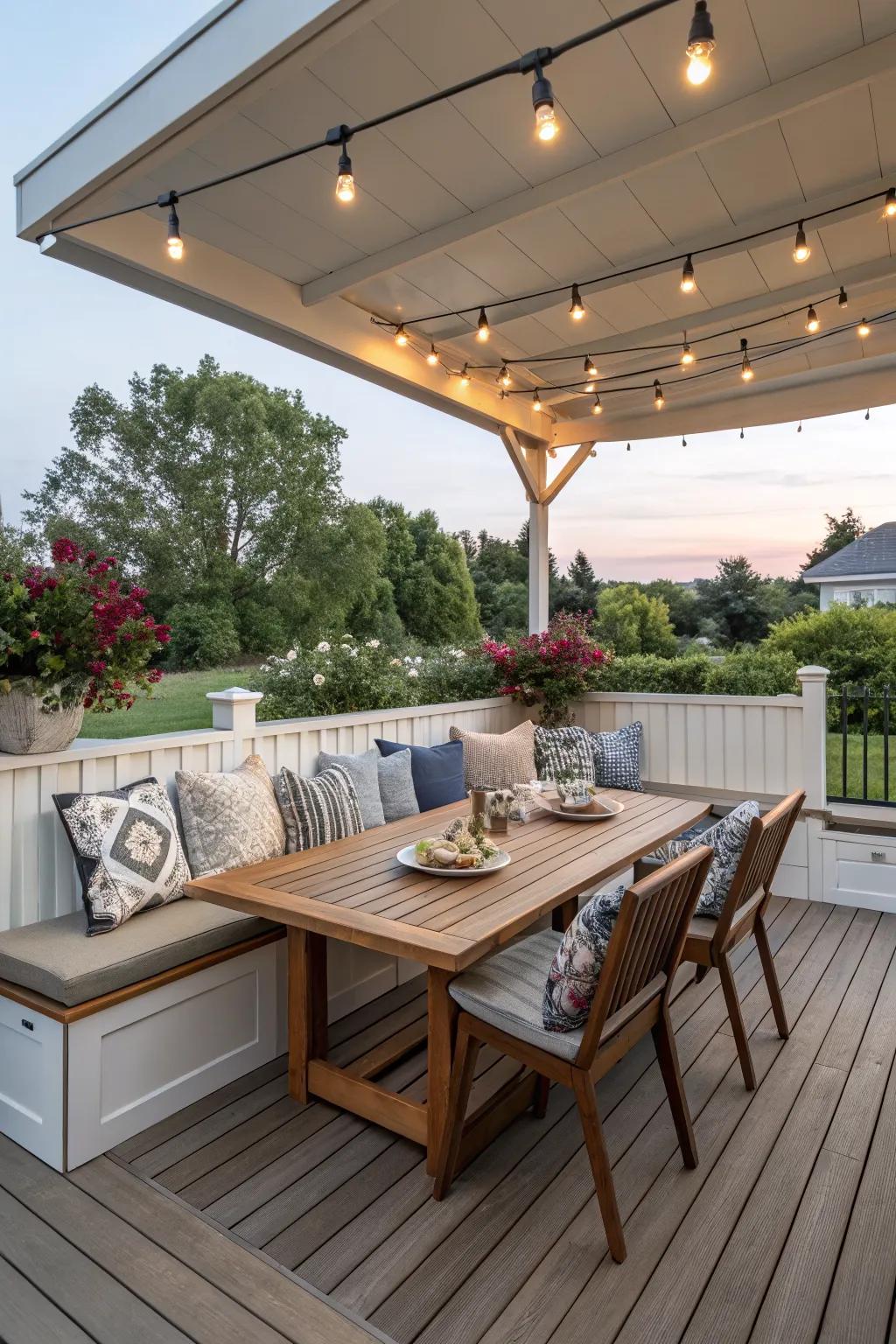 Integrated dining benches offer convenience and style.