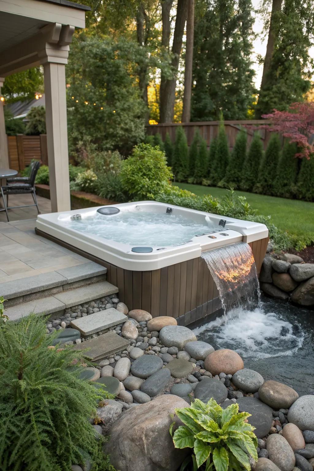 A waterfall feature adds a soothing soundscape.