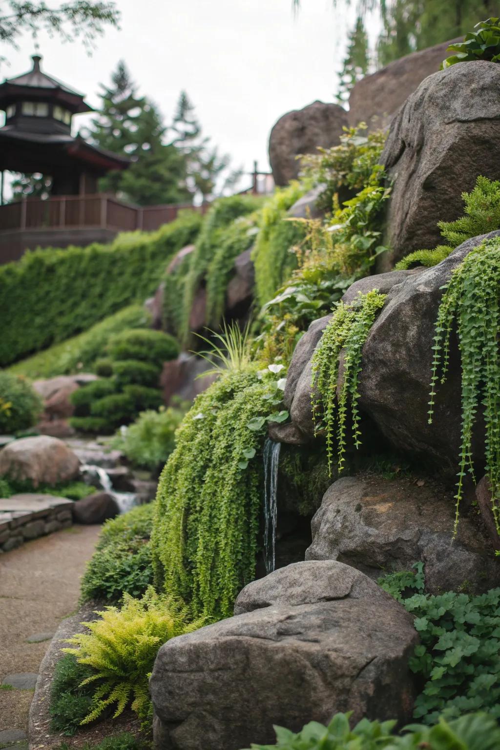 A vertical garden enhanced with bull rocks, offering texture and moisture retention.