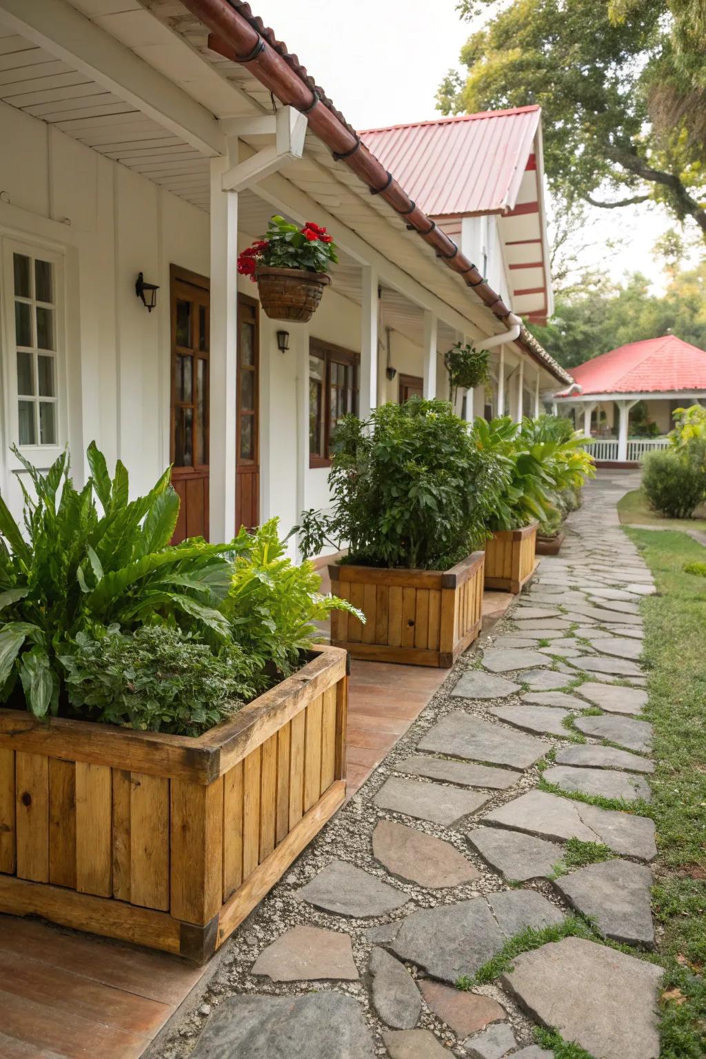 Natural elements provide a rustic feel to the porch.
