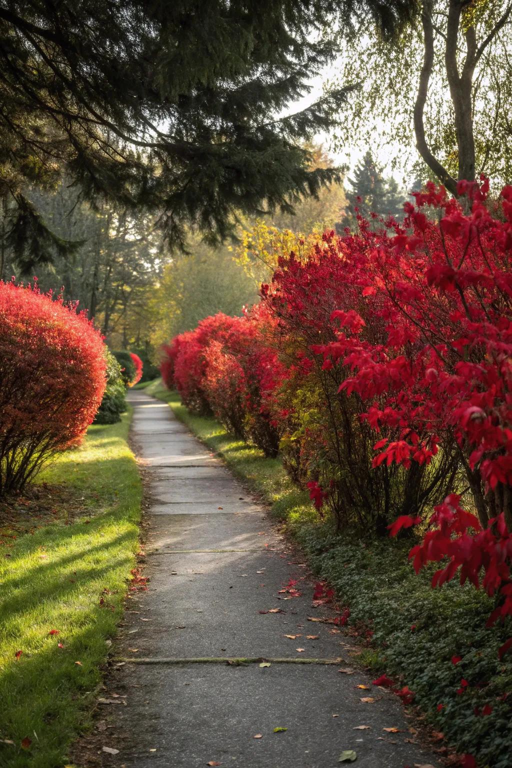 Burning bushes illuminate garden paths with vibrant color.