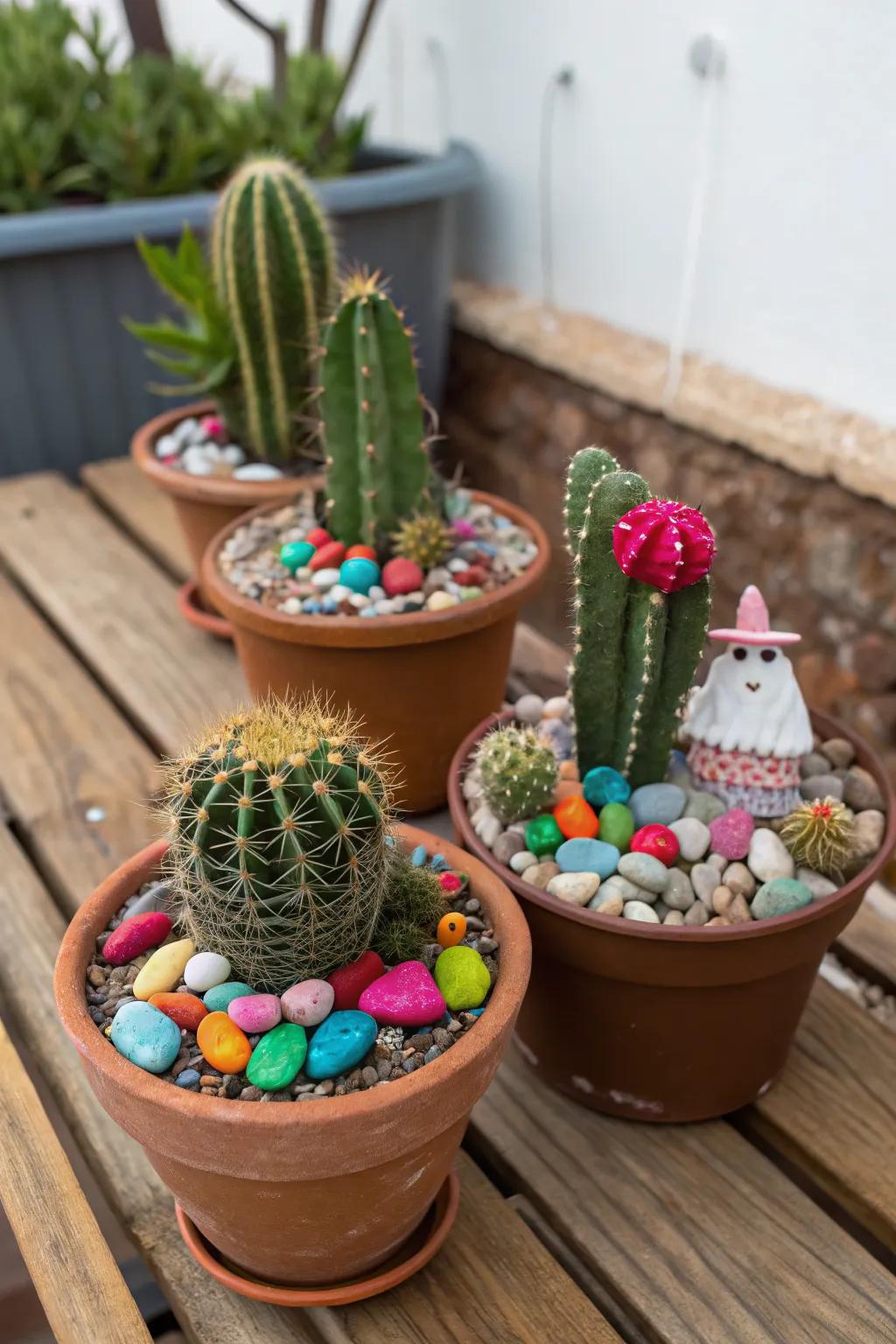 Decorative elements add personality to cactus pots.