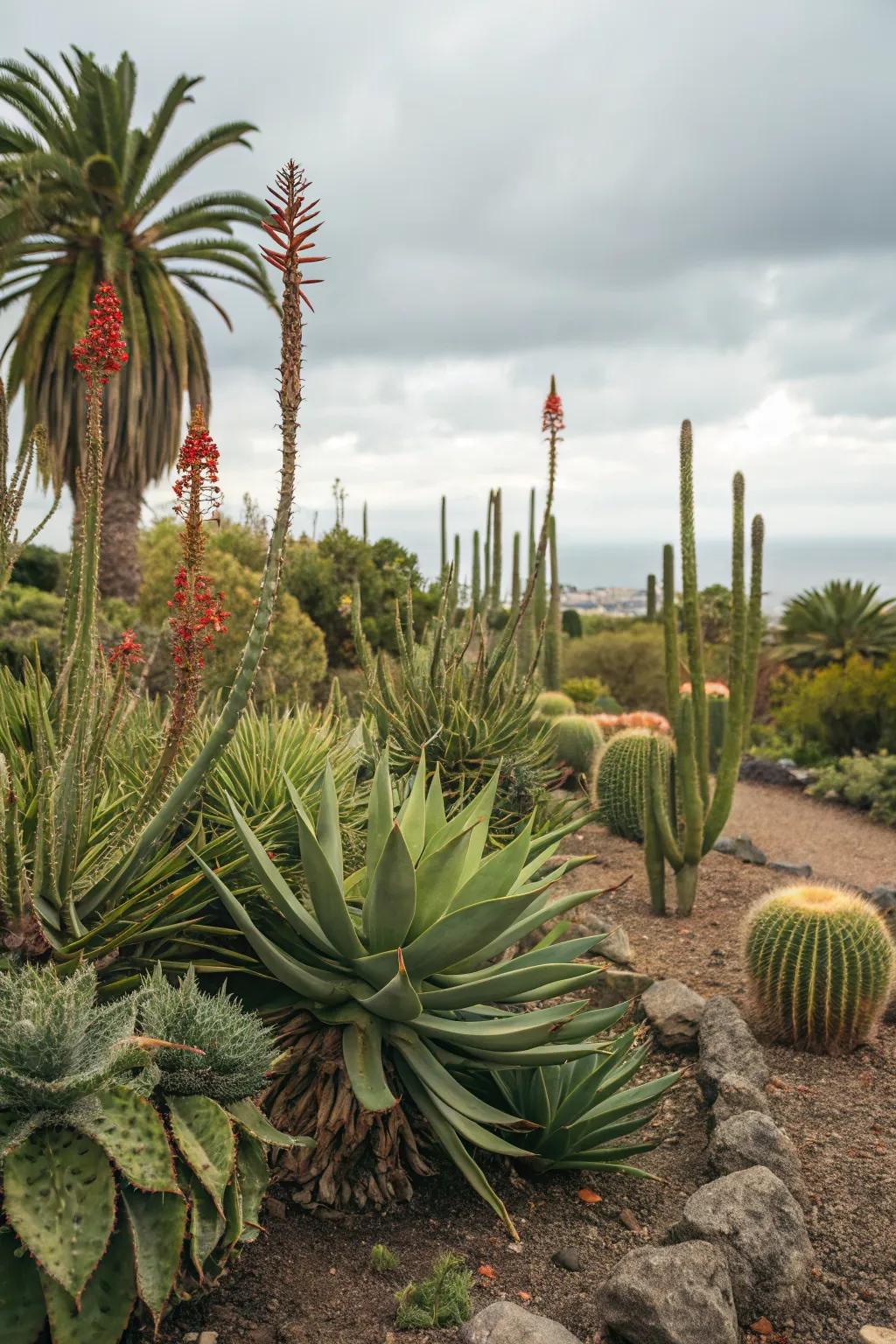 An arid tropical garden showcasing bold, dramatic textures.