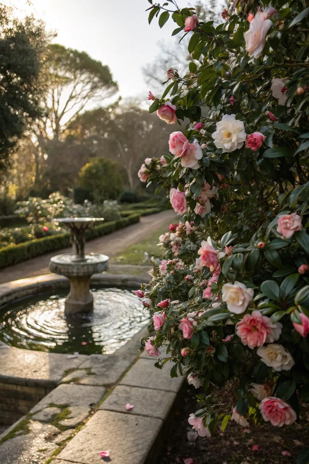 Camellias enhance the tranquility of water features.