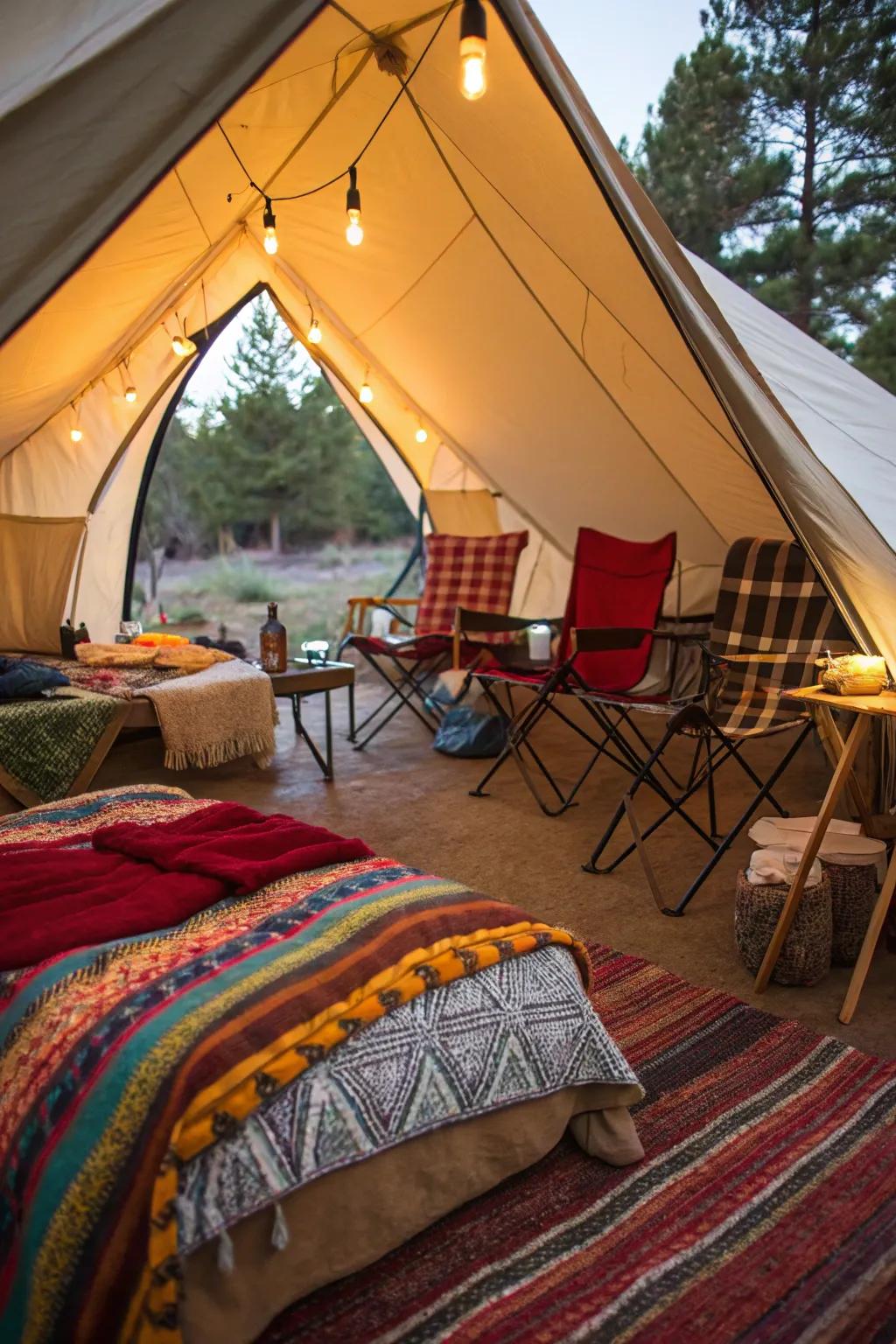 Colorful throws add vibrancy and warmth to your camping setup.