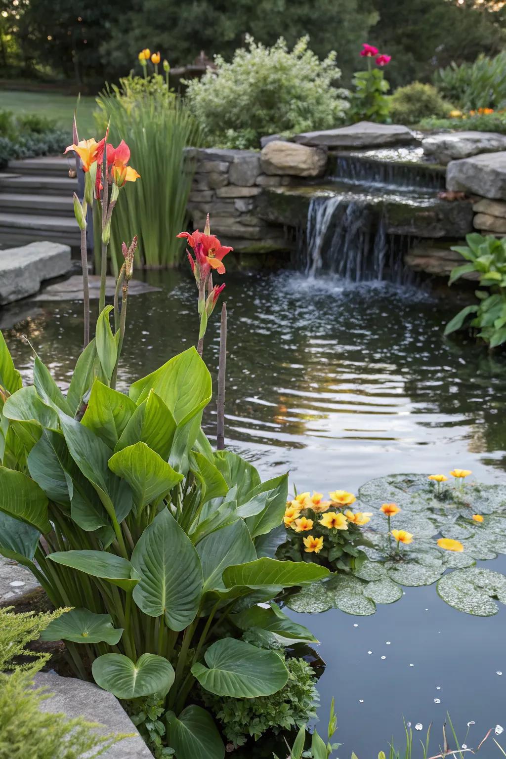 Canna lilies thrive in water gardens, adding a splash of color to aquatic settings.
