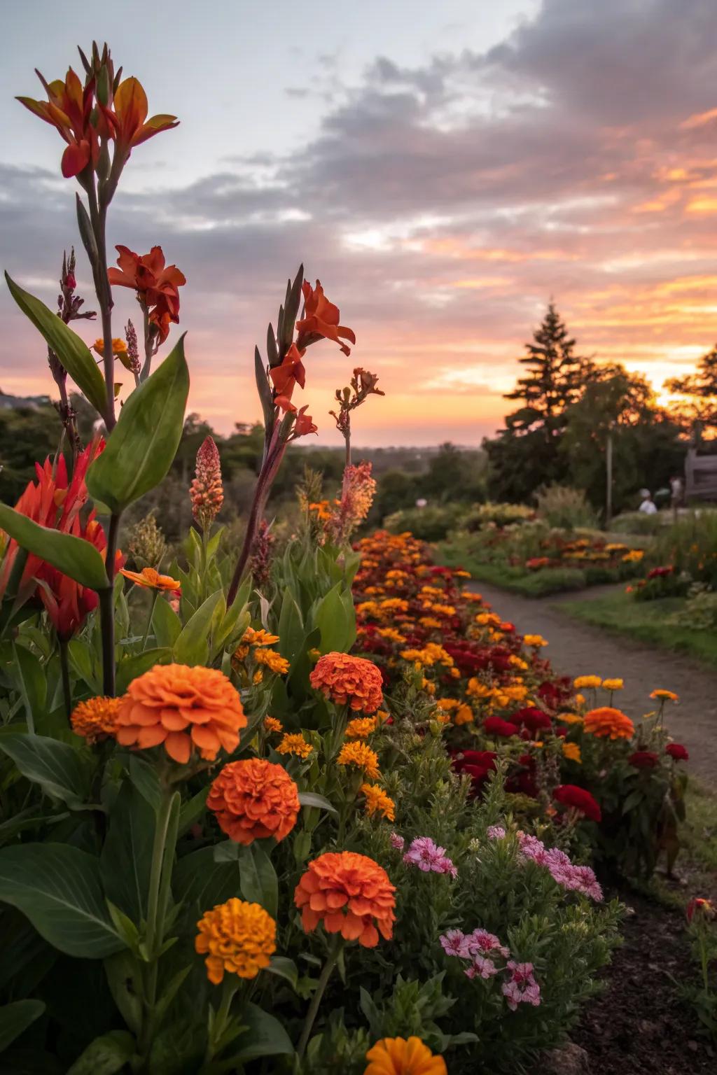 Warm tones create a glowing sunset garden with canna lilies.