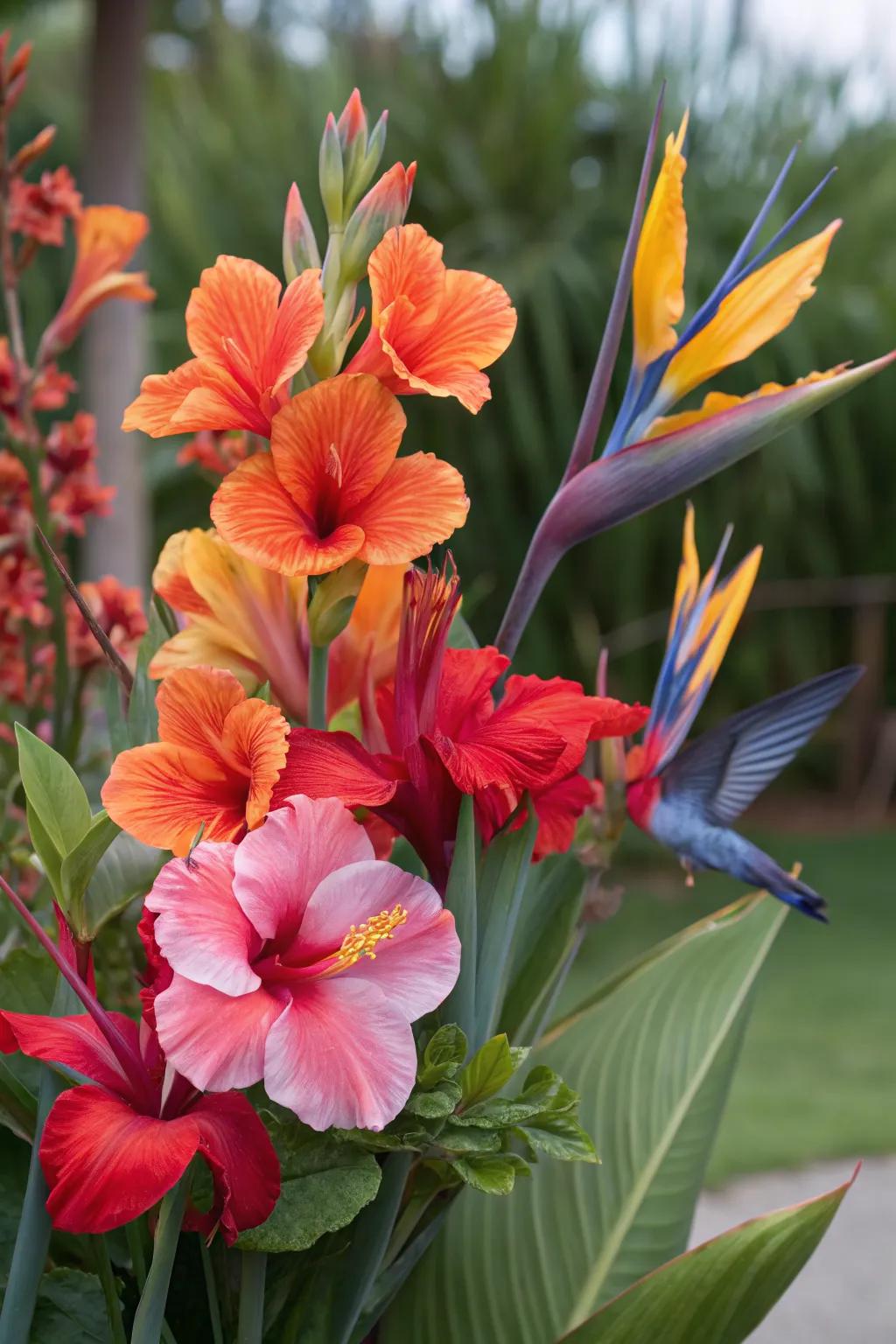 A tropical paradise with bold color combinations of canna lilies.