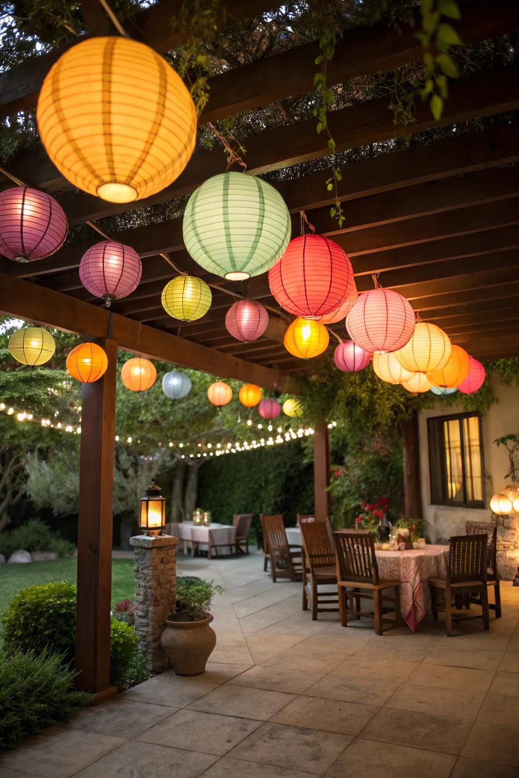 Paper lanterns bring a whimsical and festive touch to the patio.