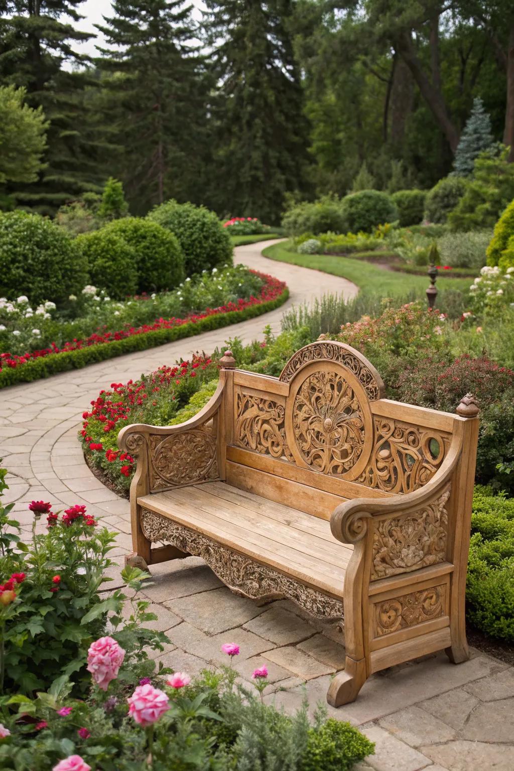A carved cedar bench serves as a centerpiece of outdoor art.