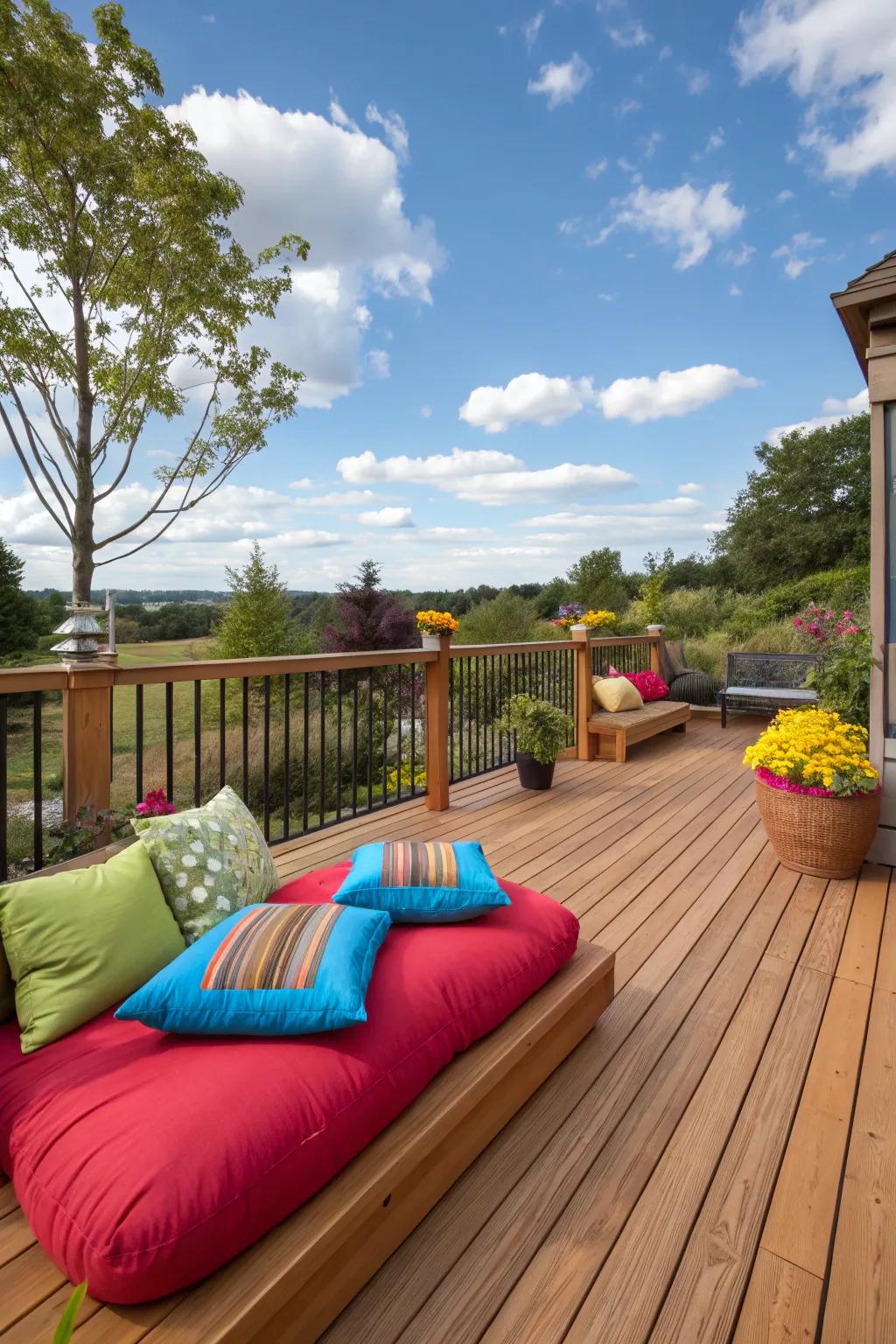 Colorful cushions add a lively touch to this cedar deck.