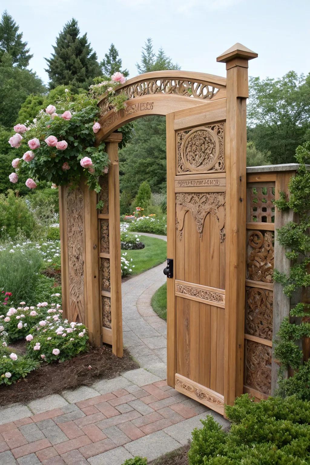 Customizable cedar gate with personalized design elements.