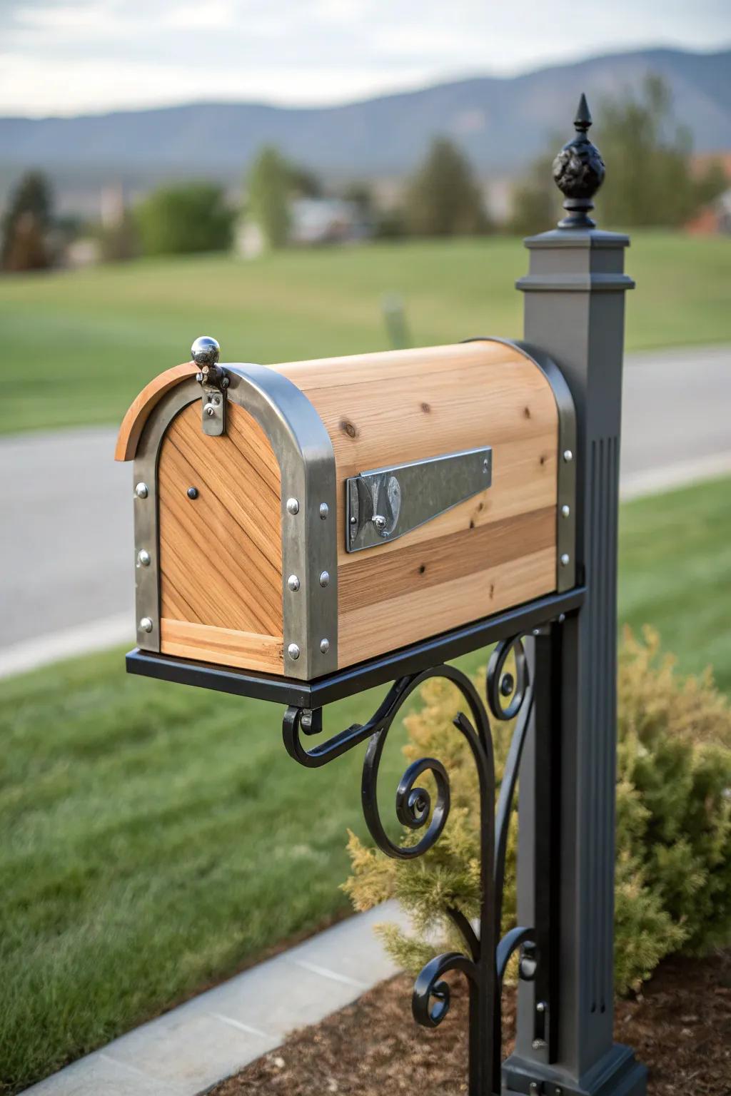 Metal accents add a modern twist to this cedar mailbox.