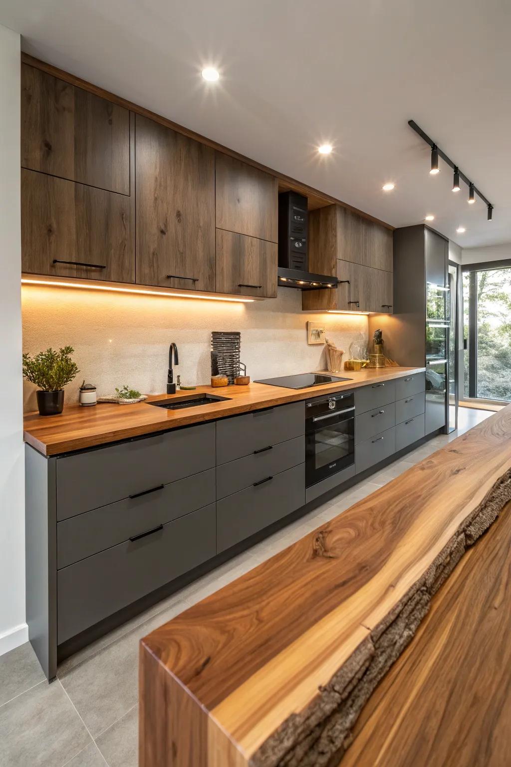 A modern kitchen with cedar slab countertops.