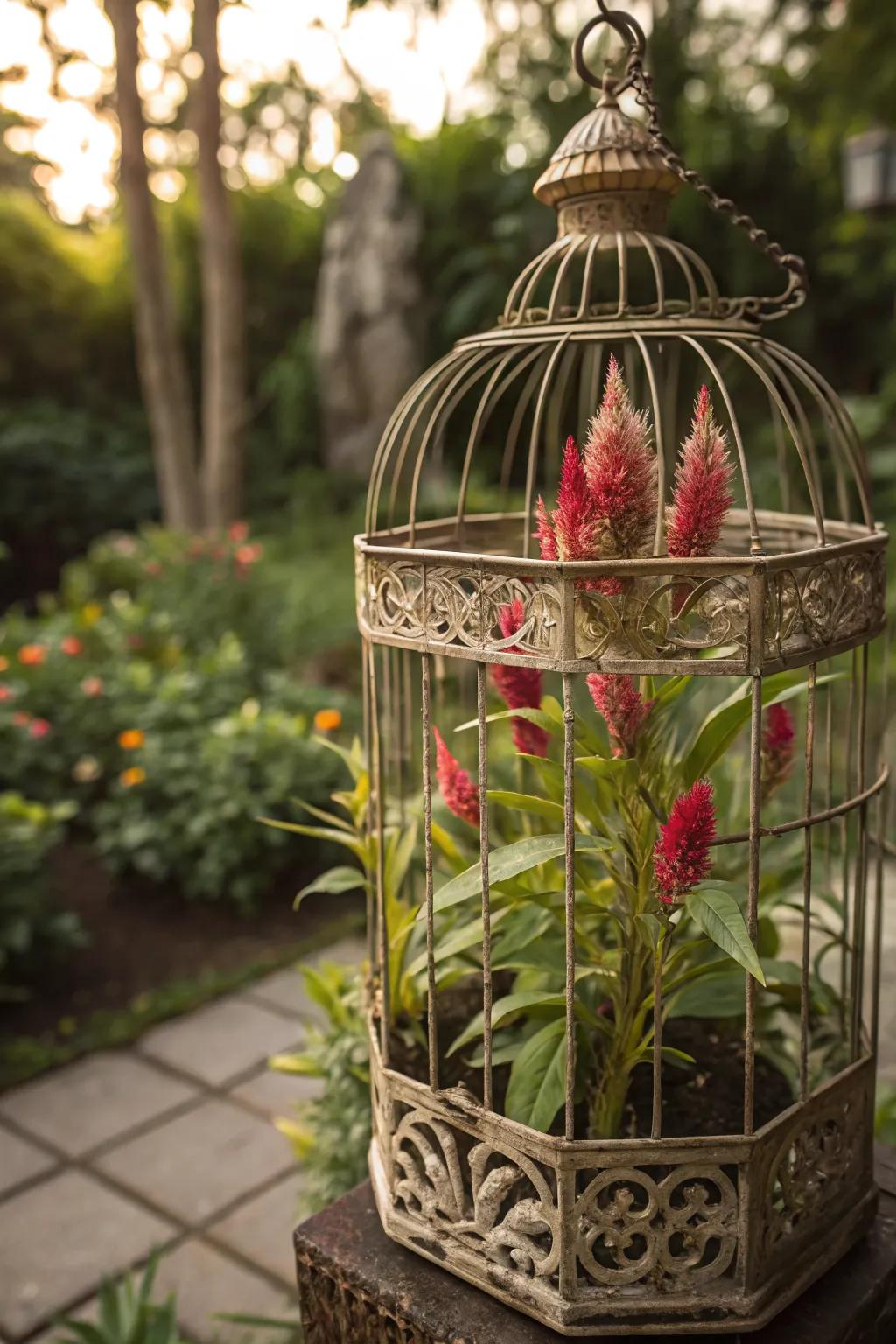 An antique birdcage adds vintage charm to celosia displays.