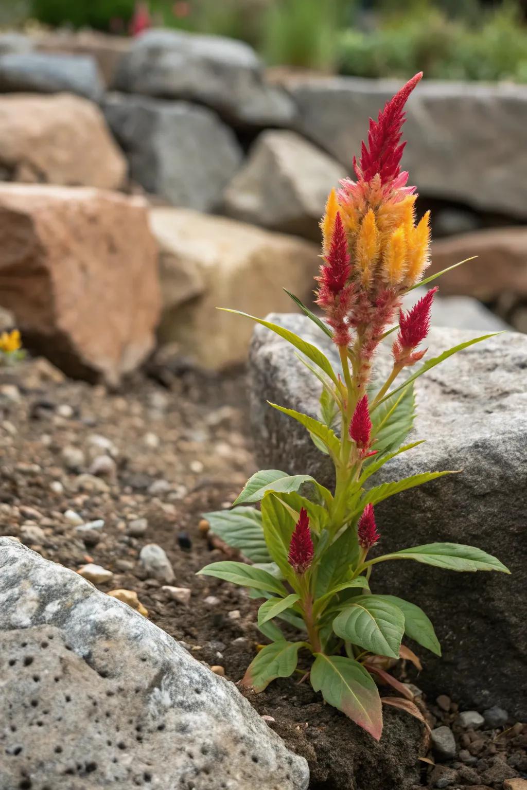 Celosia brings vibrant color to rock garden settings.